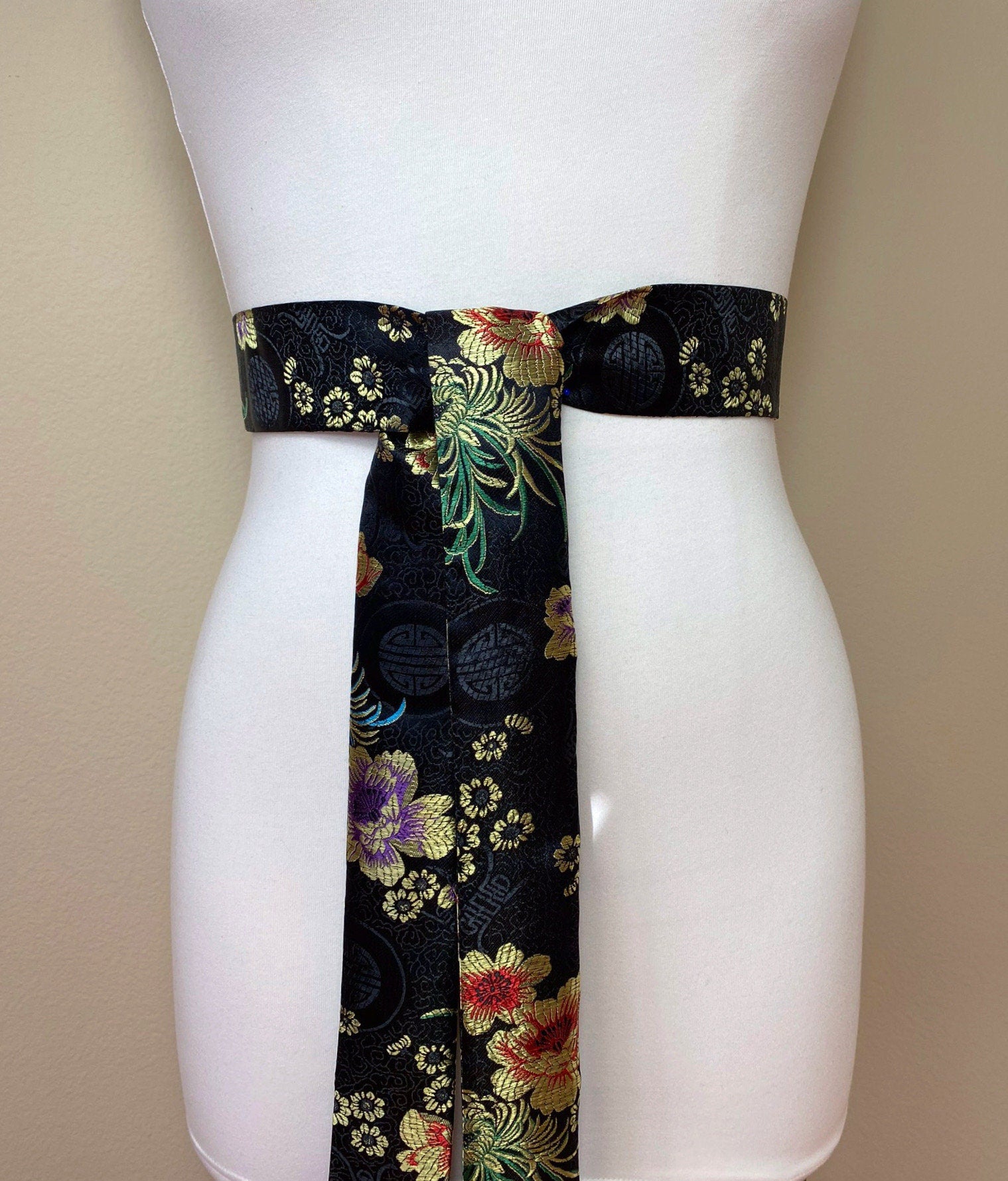 Narrow Black Chinese Brocade Sash, Black & Gold Brocade Sash Belt, Black Obi Belt, Kimono Sash Belt, Floral Asian Brocade Sash, Satin Swank