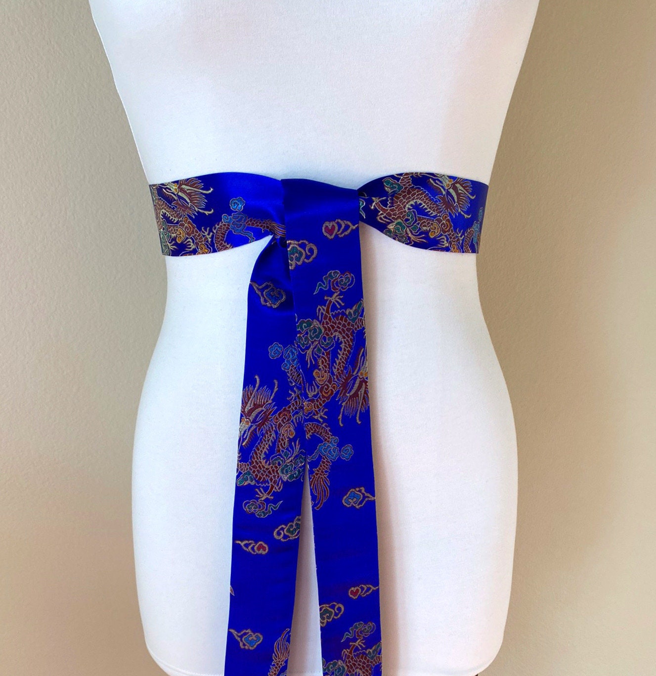 Narrow Royal Blue Chinese Dragon Sash, Asian Brocade Sash Belt, Chinese Dragon Print Belt, Chinese Brocade Belt Blue Kimono Belt Satin Swank