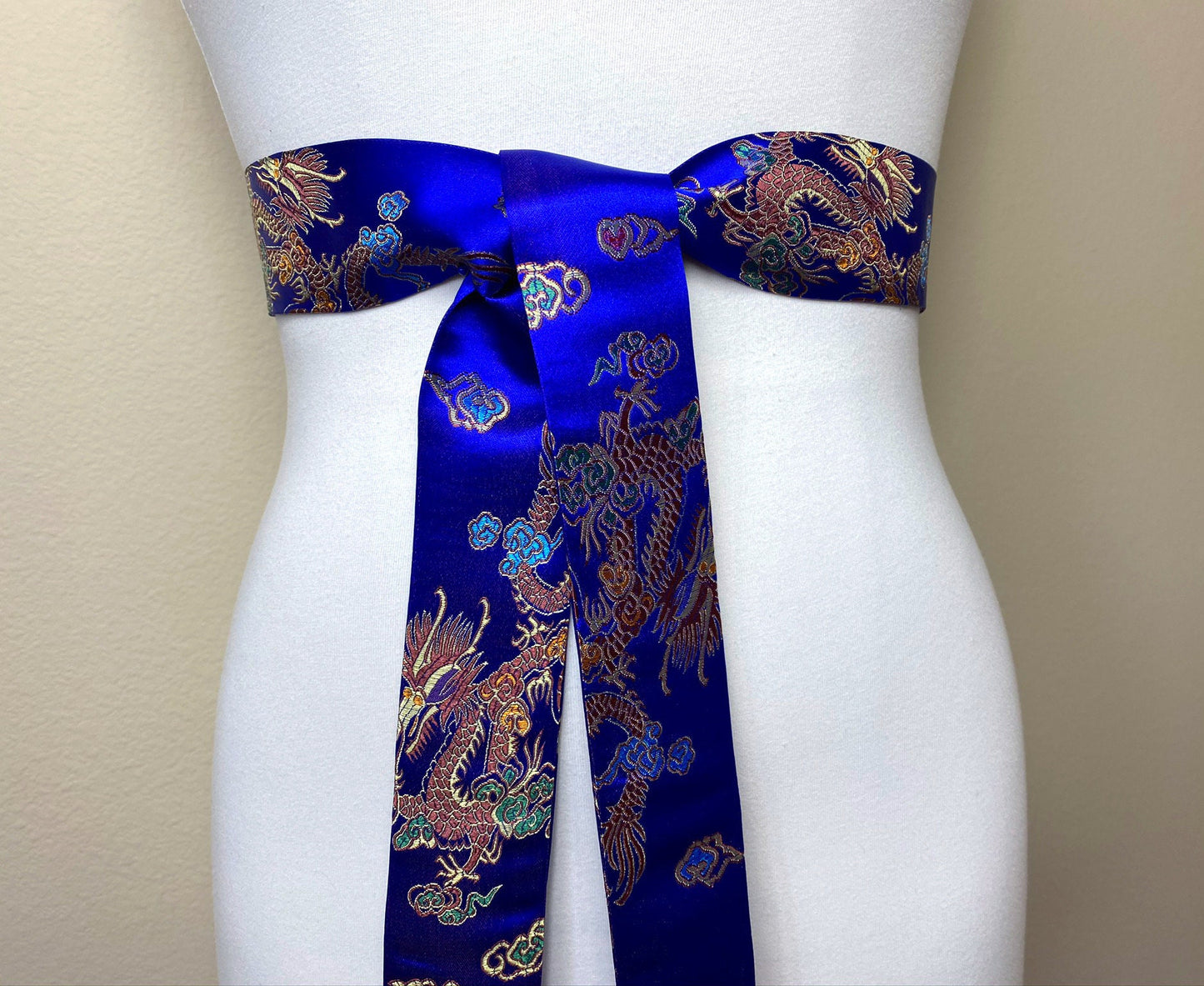 Narrow Royal Blue Chinese Dragon Sash, Asian Brocade Sash Belt, Chinese Dragon Print Belt, Chinese Brocade Belt Blue Kimono Belt Satin Swank