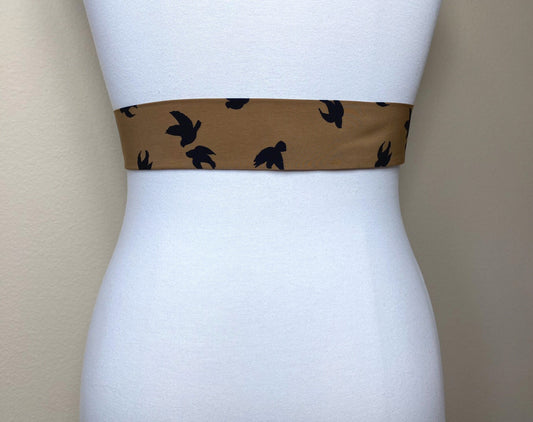 Narrow Black Bird Sash, Cappuccino & Black Sash, Bird Silhouette Print, Black Bird Sash Belt, Black Bird Print Accessory, Satin Swank