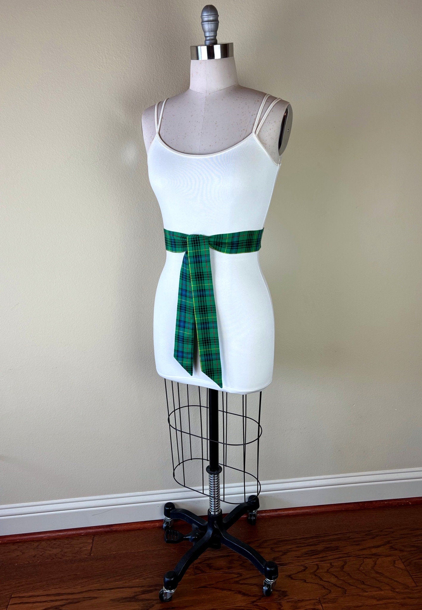 Narrow Green & Blue Plaid Sash, Green Plaid Sash Belt, Blue and Green Tartan Sash, Green Blue Plaid Sash, Green Tartan Sash, Satin Swank