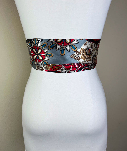 Medallion Print Sash in Red, Black & Gray, Bohemian Sash Belt, Black and Red Print Satin Sash Belt, Boho Accessories, Satin Swank