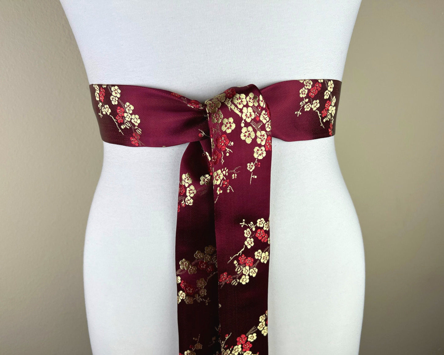 Burgundy & Gold Chinese Brocade Sash, Burgundy Sash in Satin Brocade, Obi Belt, Asian Brocade Sash, Burgundy Kimono Sash Belt, Satin Swank