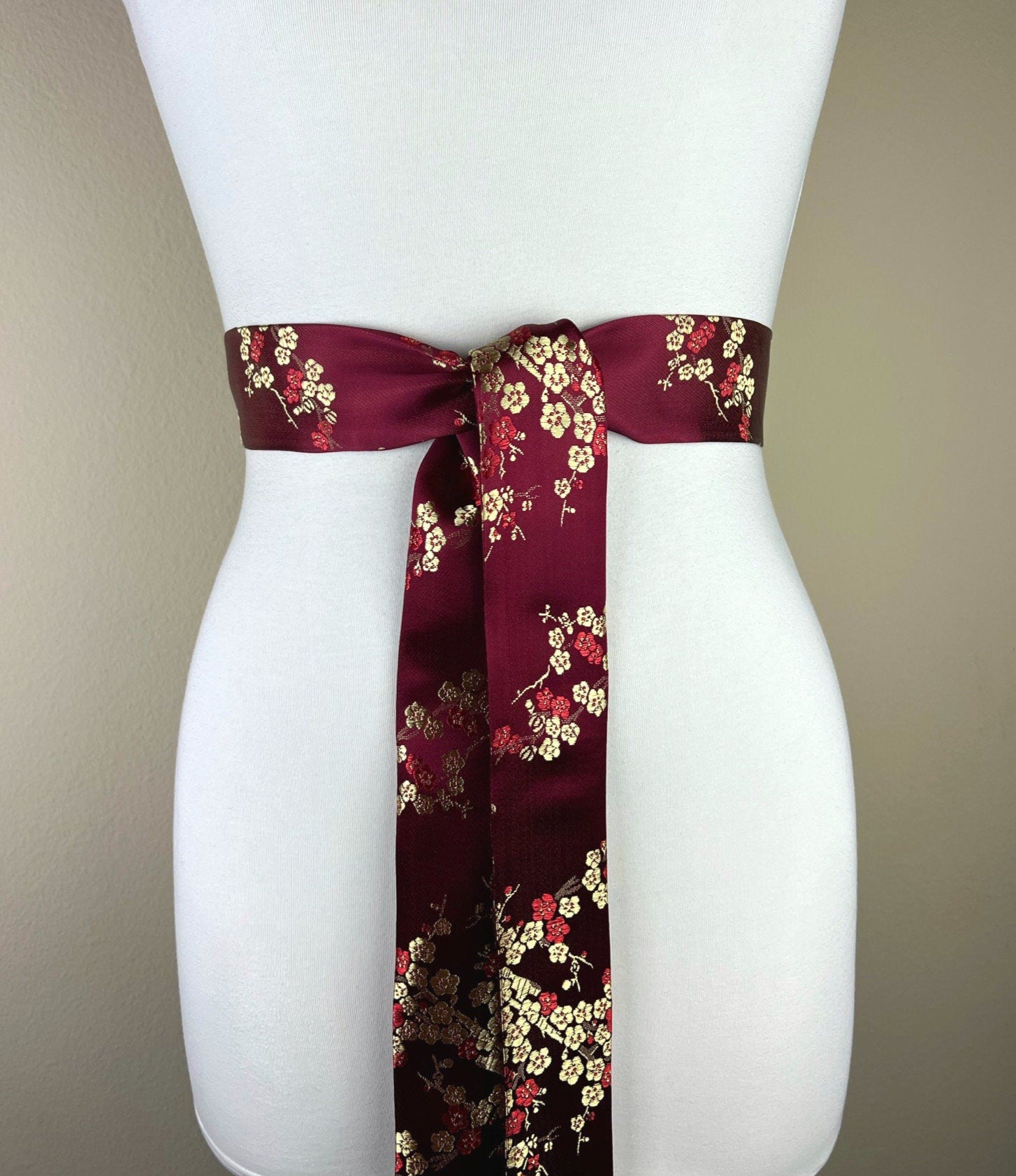 Burgundy & Gold Chinese Brocade Sash, Burgundy Sash in Satin Brocade, Obi Belt, Asian Brocade Sash, Burgundy Kimono Sash Belt, Satin Swank