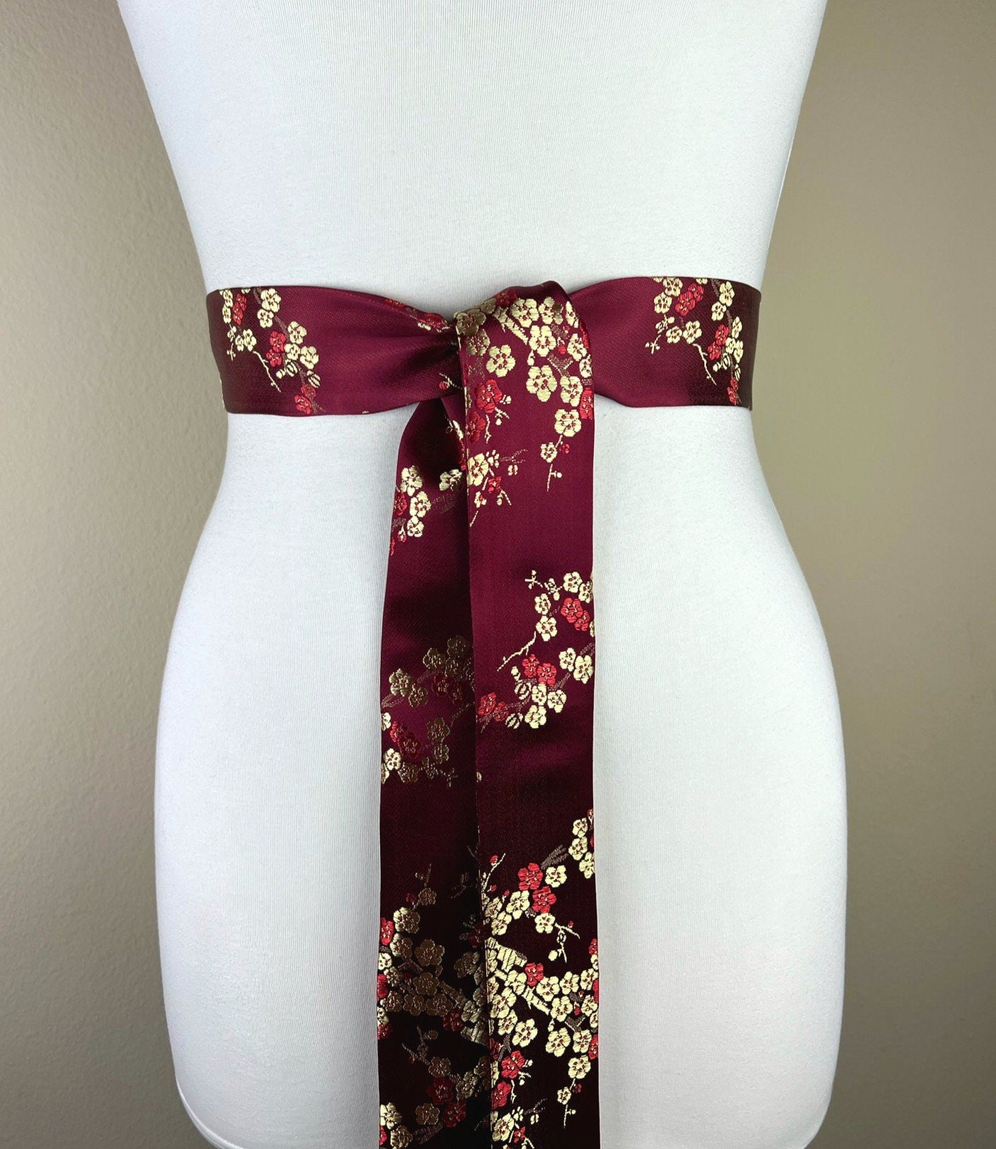 Burgundy & Gold Chinese Brocade Sash, Burgundy Sash in Satin Brocade, Obi Belt, Asian Brocade Sash, Burgundy Kimono Sash Belt, Satin Swank