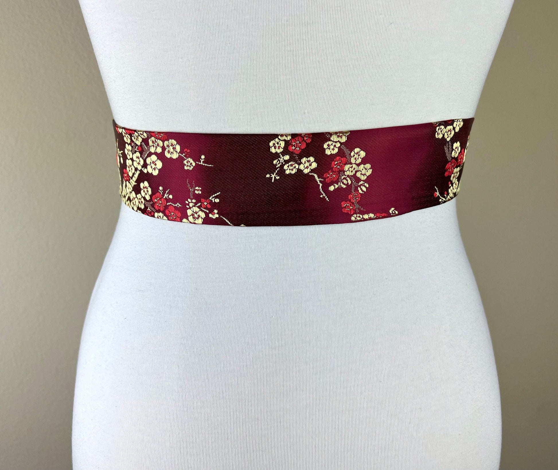 Burgundy & Gold Chinese Brocade Sash, Burgundy Sash in Satin Brocade, Obi Belt, Asian Brocade Sash, Burgundy Kimono Sash Belt, Satin Swank