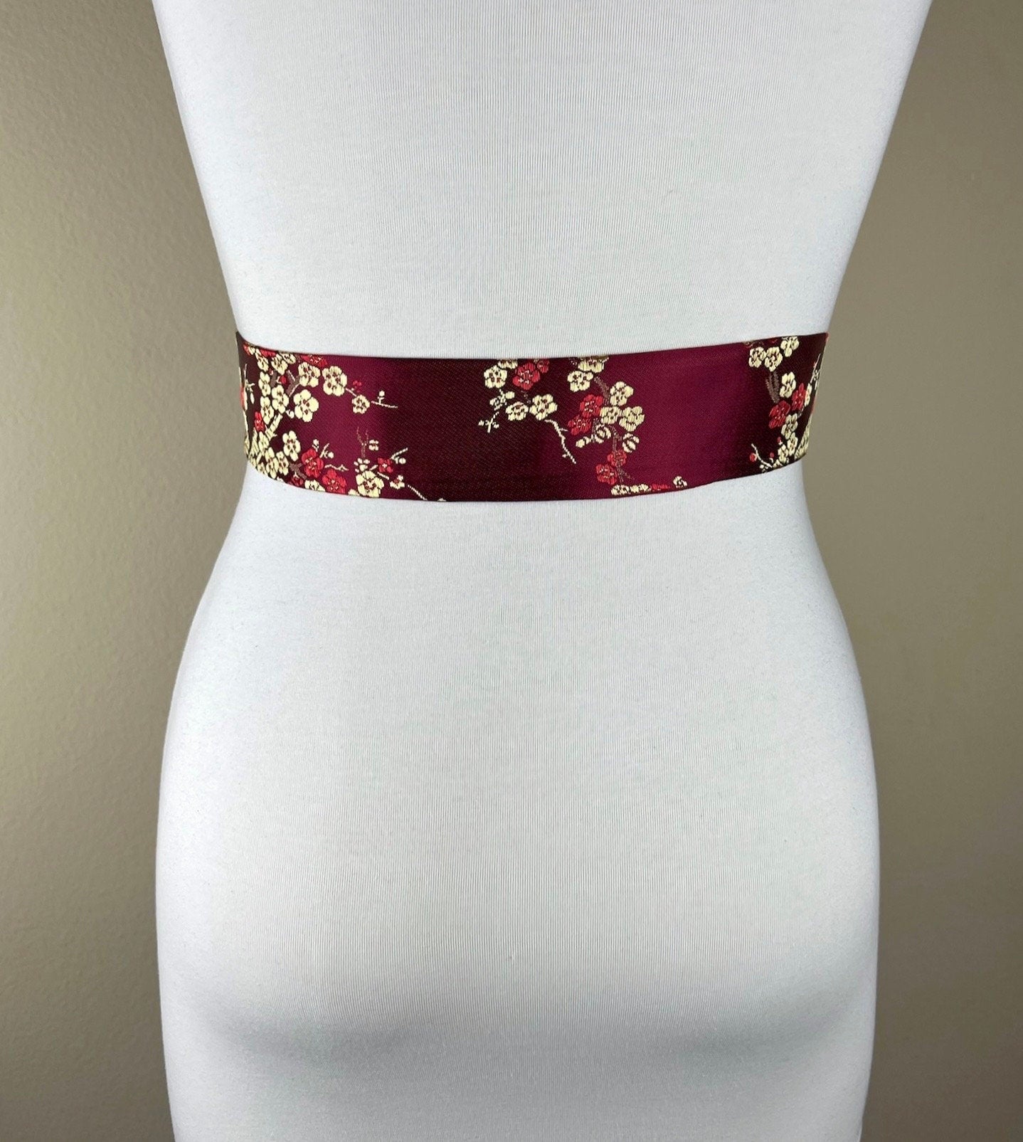 Burgundy & Gold Chinese Brocade Sash, Burgundy Sash in Satin Brocade, Obi Belt, Asian Brocade Sash, Burgundy Kimono Sash Belt, Satin Swank