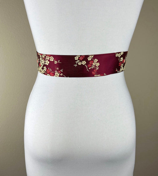 Burgundy & Gold Chinese Brocade Sash, Burgundy Sash in Satin Brocade, Obi Belt, Asian Brocade Sash, Burgundy Kimono Sash Belt, Satin Swank