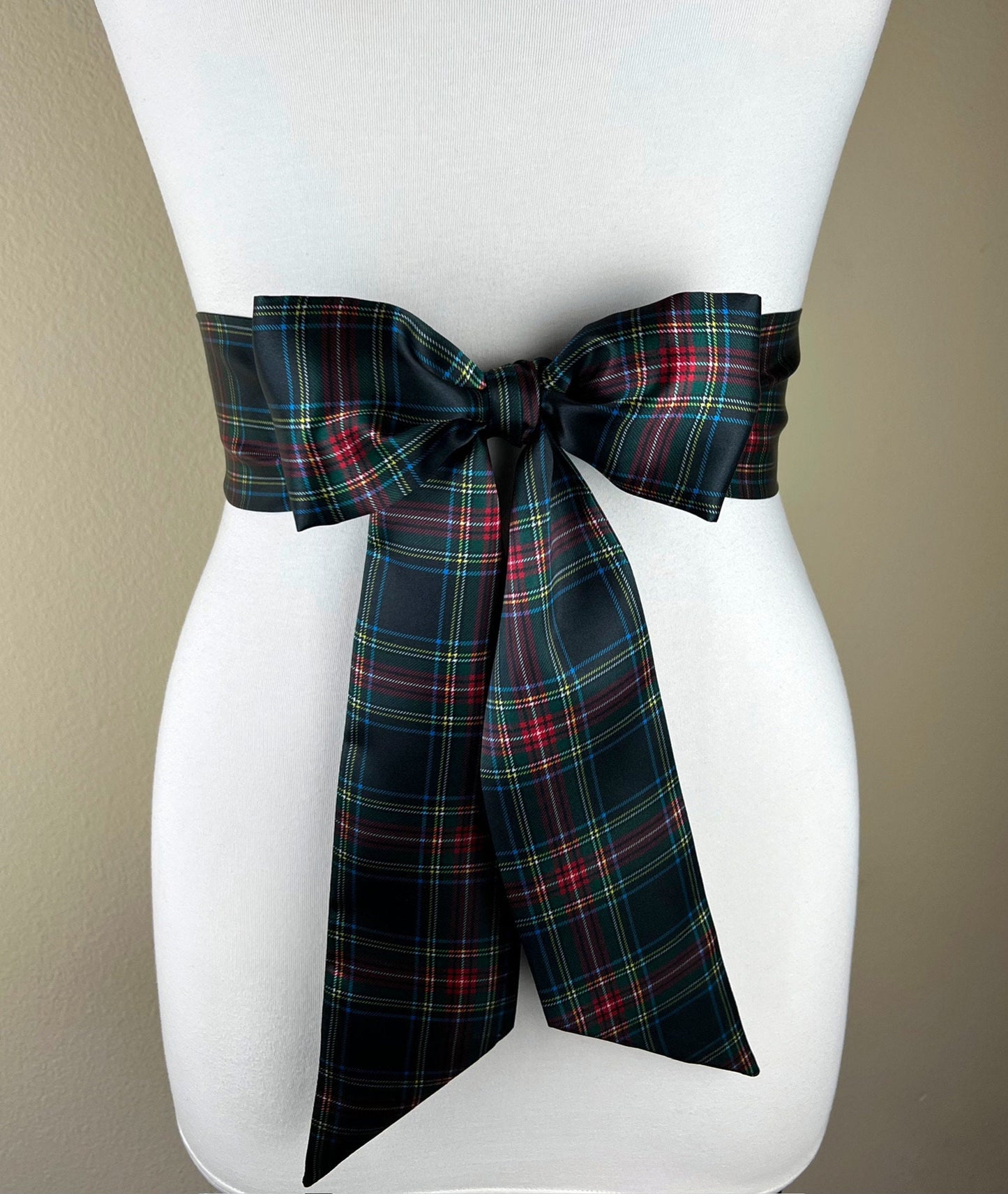 Black Royal Stewart Satin Sash, Christmas Plaid Sash Belt, Black Royal Stewart Tartan Sash, Holiday Sash Belt, Black & Red Plaid Satin Swank