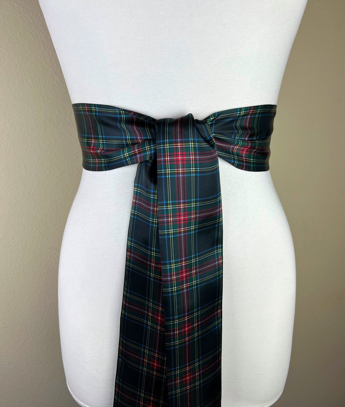 Black Royal Stewart Satin Sash, Christmas Plaid Sash Belt, Black Royal Stewart Tartan Sash, Holiday Sash Belt, Black & Red Plaid Satin Swank