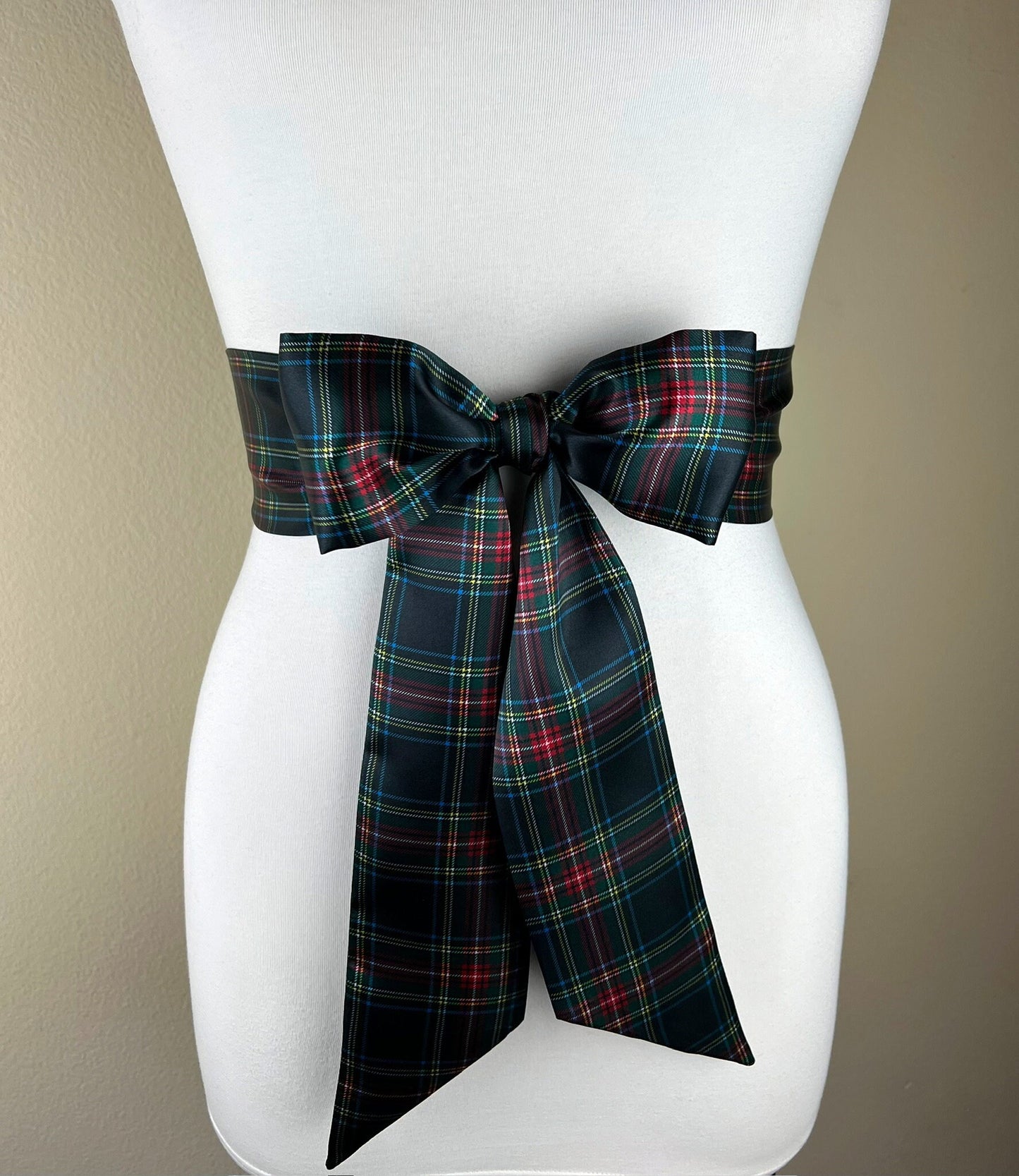 Black Royal Stewart Satin Sash, Christmas Plaid Sash Belt, Black Royal Stewart Tartan Sash, Holiday Sash Belt, Black & Red Plaid Satin Swank