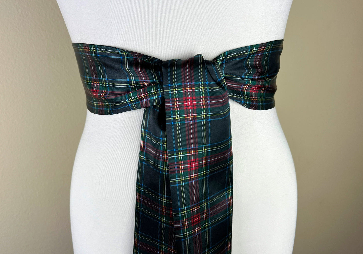 Black Royal Stewart Satin Sash, Christmas Plaid Sash Belt, Black Royal Stewart Tartan Sash, Holiday Sash Belt, Black & Red Plaid Satin Swank
