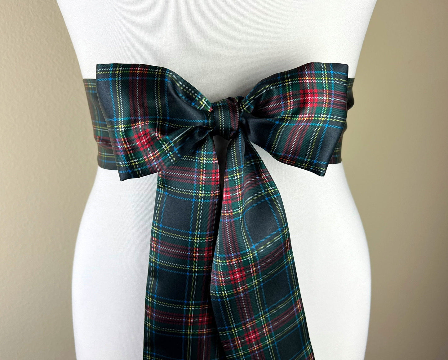 Black Royal Stewart Satin Sash, Christmas Plaid Sash Belt, Black Royal Stewart Tartan Sash, Holiday Sash Belt, Black & Red Plaid Satin Swank