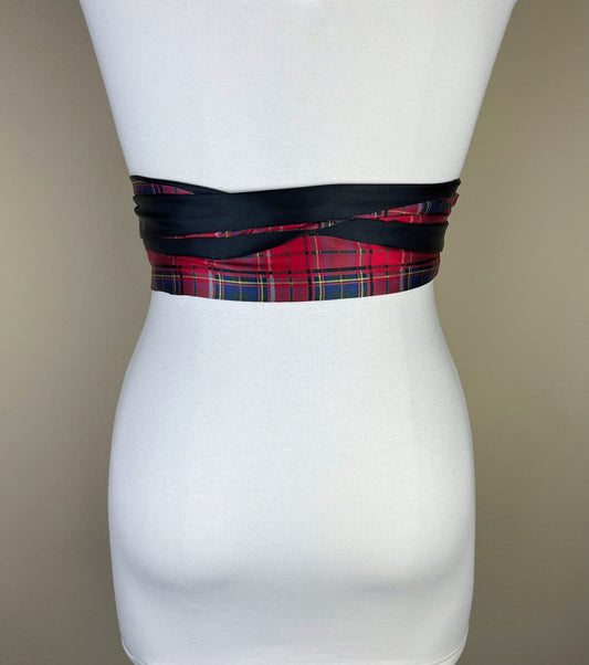 Tartan Sash, Plaid Satin Sash, Red Tartan Plaid, Reversible to Solid Navy, Black or Red Satin, Holiday Sash Belt, Wrap Belt, Satin Swank