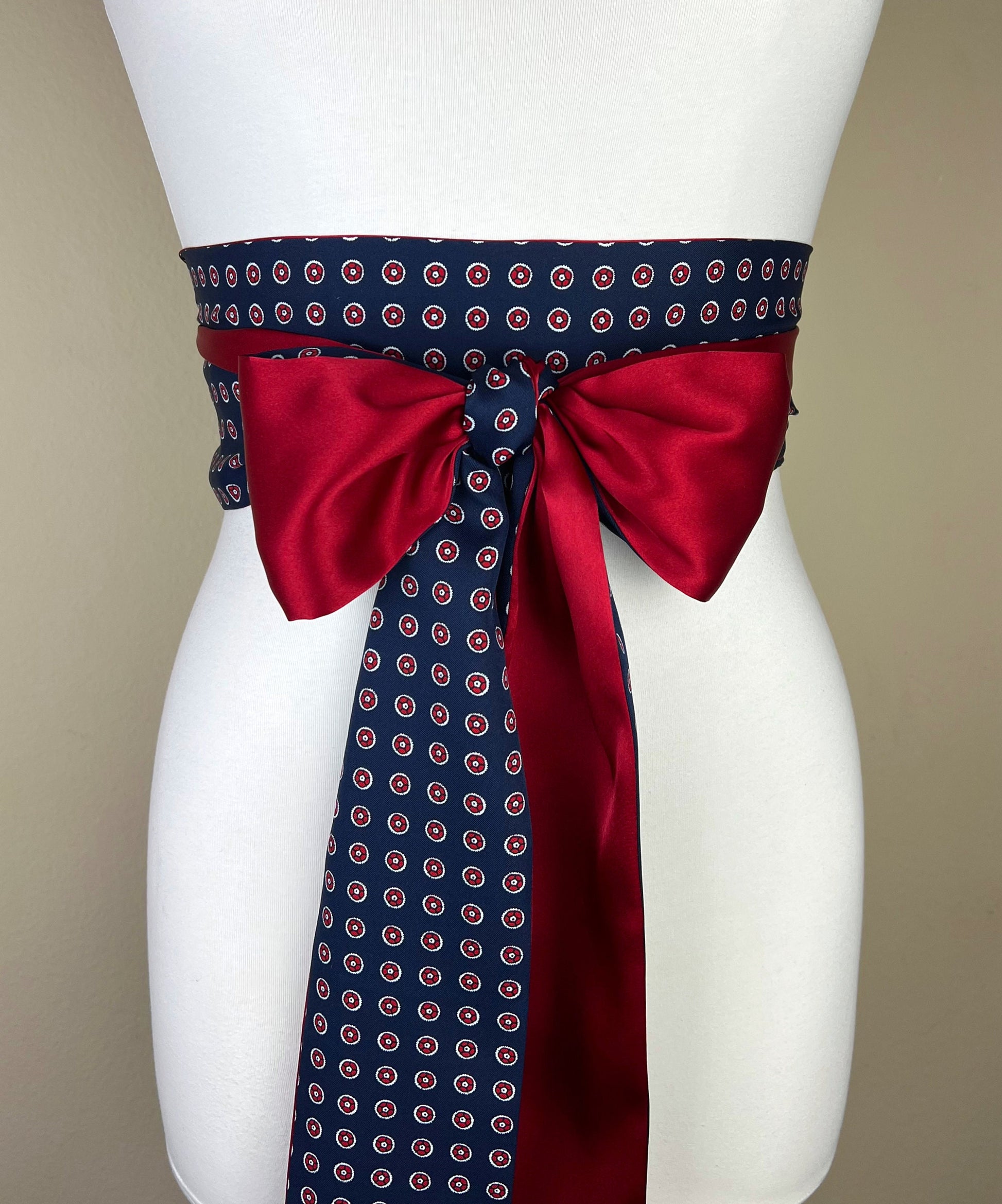 Navy Sash, Navy & Red Sash, Medallion Print Reverses to Crimson Red Satin Sash Men's Tie Print Accessory, Red and Navy Tie Belt, Satin Swank
