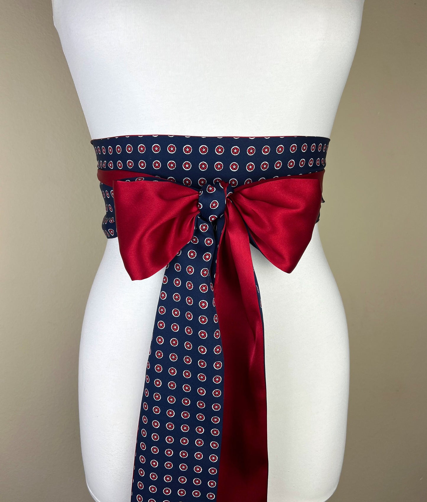 Navy Sash, Navy & Red Sash, Medallion Print Reverses to Crimson Red Satin Sash Men's Tie Print Accessory, Red and Navy Tie Belt, Satin Swank