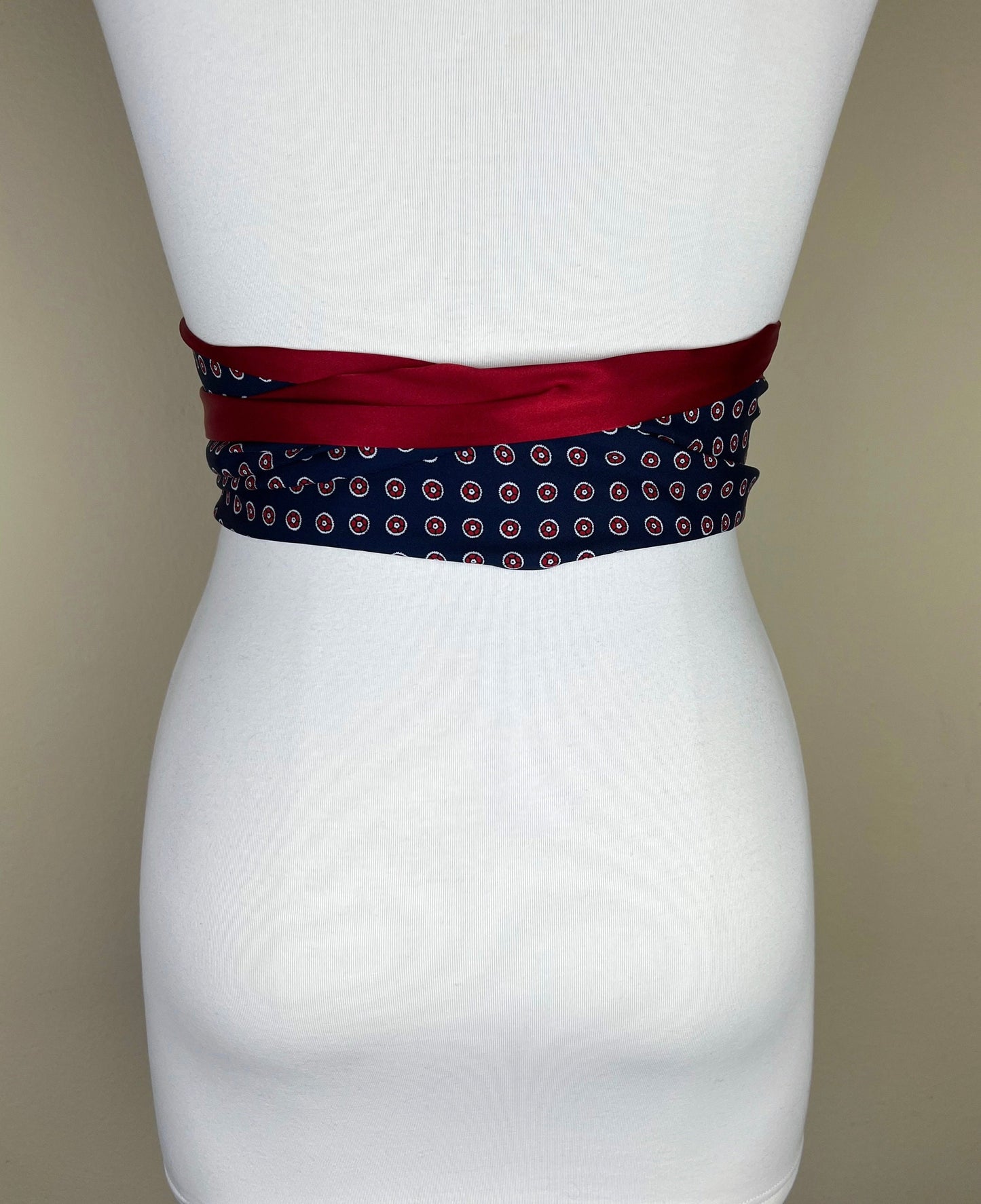 Navy Sash, Navy & Red Sash, Medallion Print Reverses to Crimson Red Satin Sash Men's Tie Print Accessory, Red and Navy Tie Belt, Satin Swank
