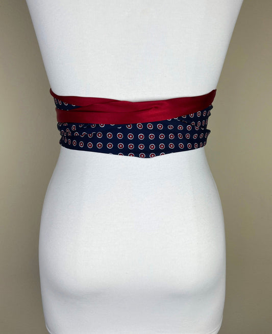 Navy Sash, Navy & Red Sash, Medallion Print Reverses to Crimson Red Satin Sash Men's Tie Print Accessory, Red and Navy Tie Belt, Satin Swank