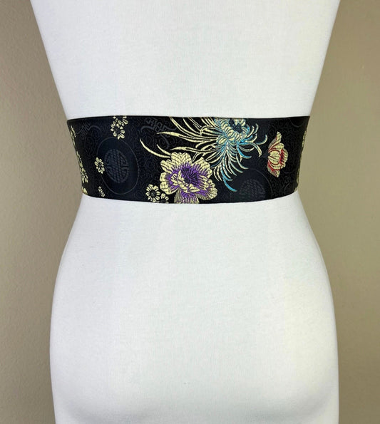 Wide Black Chinese Brocade Sash, Black & Gold Brocade Sash Belt, Black Obi Belt, Kimono Sash Belt, Floral Asian Brocade Sash, Satin Swank