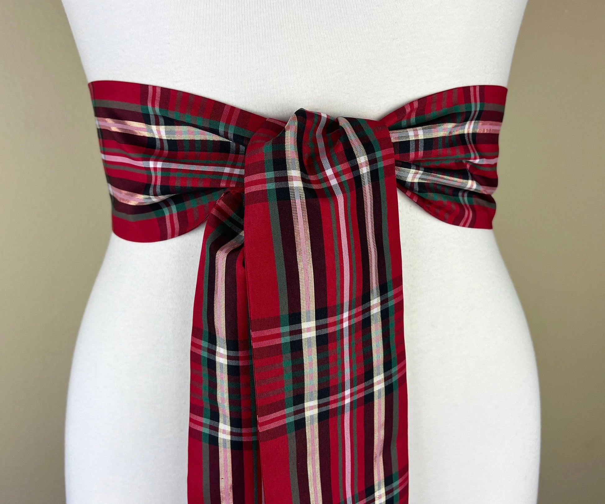 Christmas Plaid Taffeta Sash, Red, Green & Gold Tartan Sash, Christmas Tartan Sash, Christmas Dress Accessories, Christmas Sash, Satin Swank