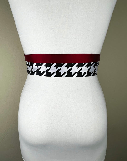 Houndstooth Sash, Black & White Houndstooth Satin Sash, Black White Satin Sash Reverses to Crimson or Black, Houndstooth Belt, Satin Swank