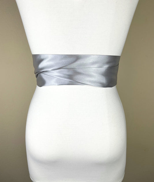 Bright Silver Sash, Silver Satin Sash, Silver Obi Wrap Belt, Long Silver Sash Belt, Wedding Accessories, Silver Wedding Sash, Satin Swank