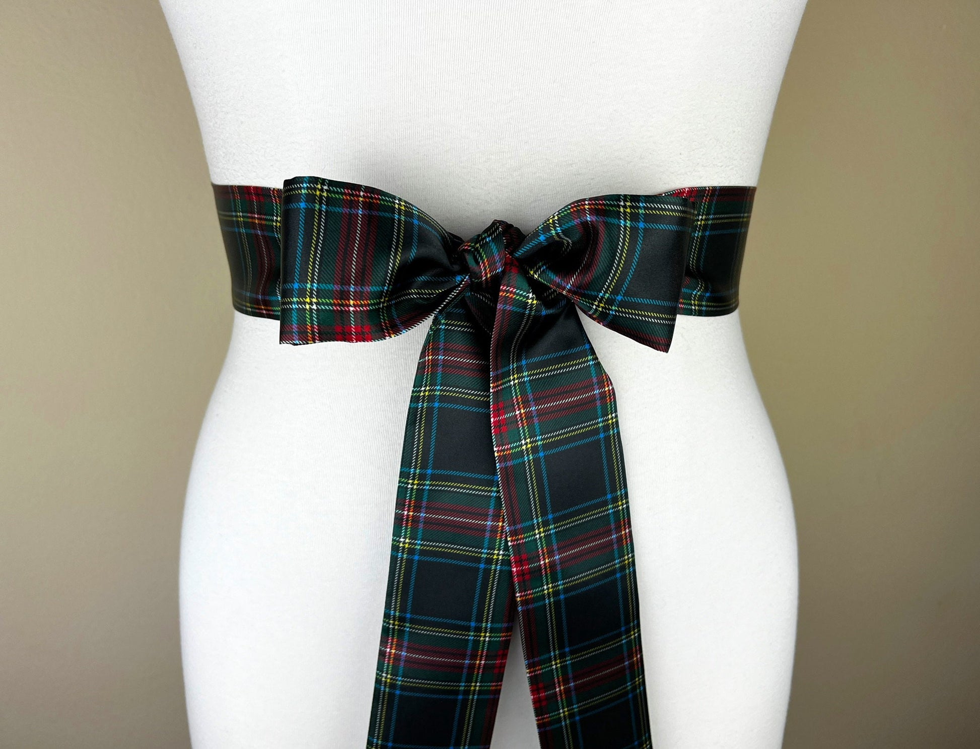 Narrow Black Royal Stewart Satin Sash, Black Plaid Sash Belt, Black Royal Stewart Tartan, Holiday Sash Belt, Black & Red Plaid, Satin Swank