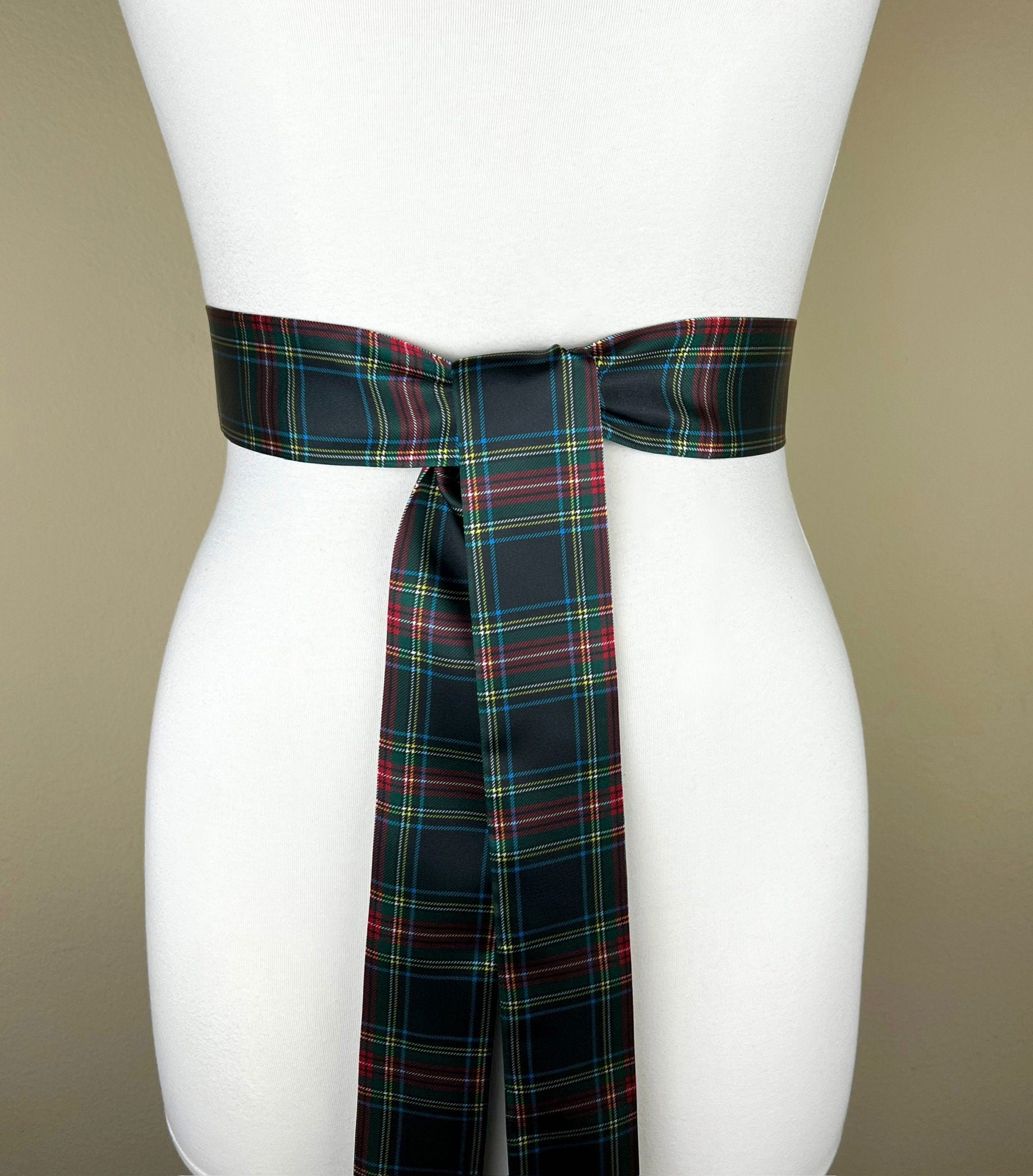 Narrow Black Royal Stewart Satin Sash, Black Plaid Sash Belt, Black Royal Stewart Tartan, Holiday Sash Belt, Black & Red Plaid, Satin Swank