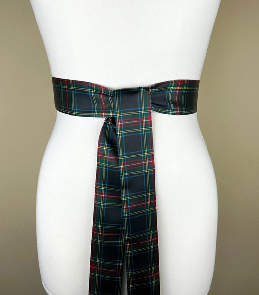Narrow Black Royal Stewart Satin Sash, Black Plaid Sash Belt, Black Royal Stewart Tartan, Holiday Sash Belt, Black & Red Plaid, Satin Swank
