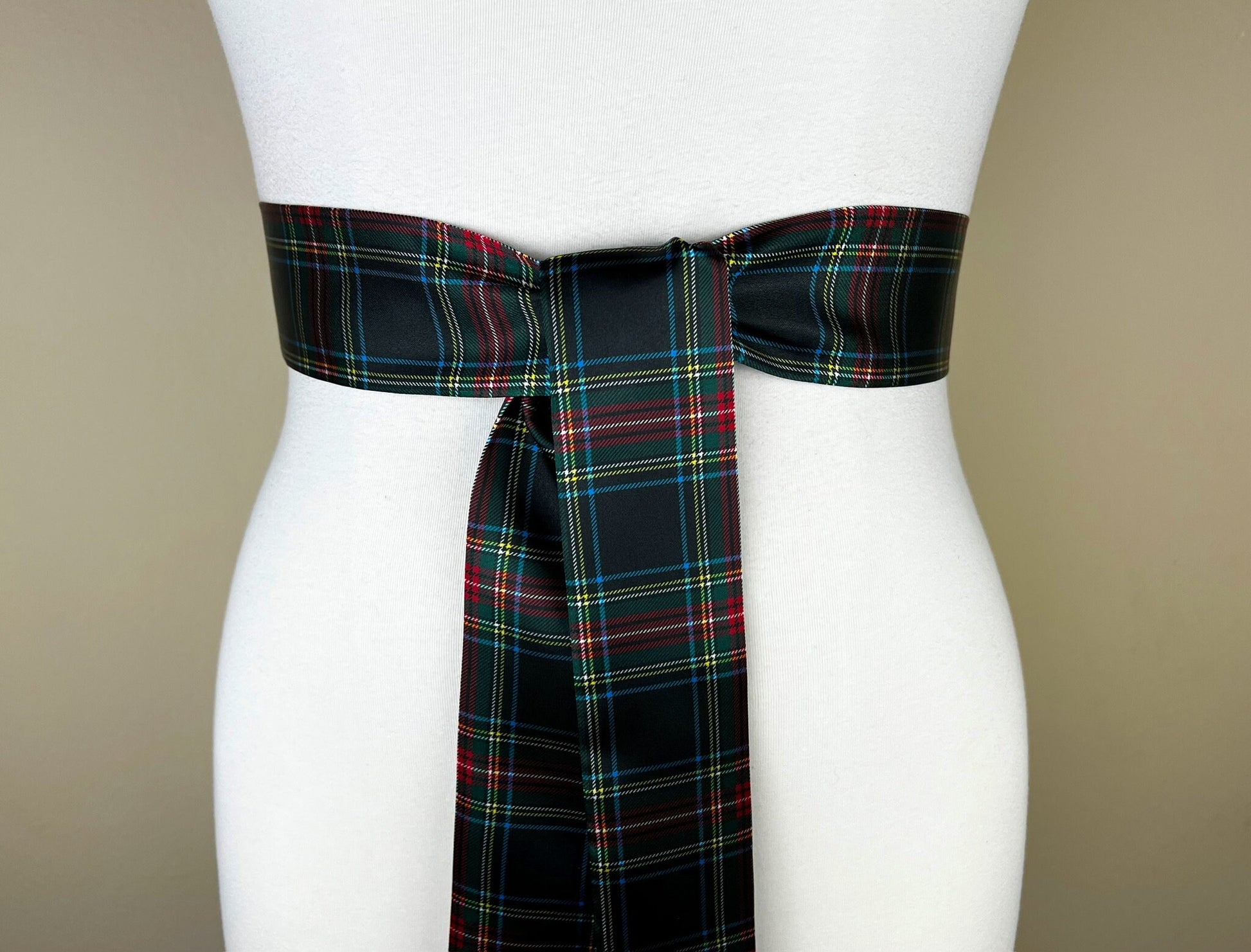 Narrow Black Royal Stewart Satin Sash, Black Plaid Sash Belt, Black Royal Stewart Tartan, Holiday Sash Belt, Black & Red Plaid, Satin Swank
