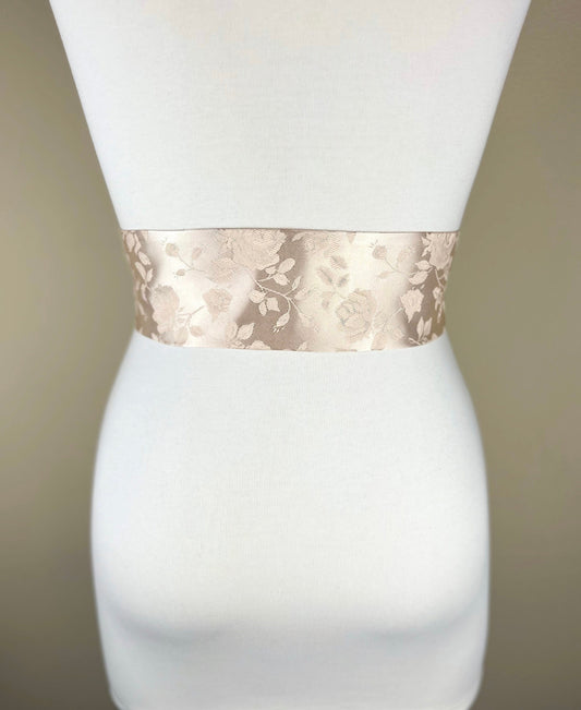 Wide Champagne Satin Sash in Rose Jacquard, Brocade Champagne Rose Sash, Wedding Dress Sash, Bridesmaid Sash, Champagne Wedding, Satin Swank