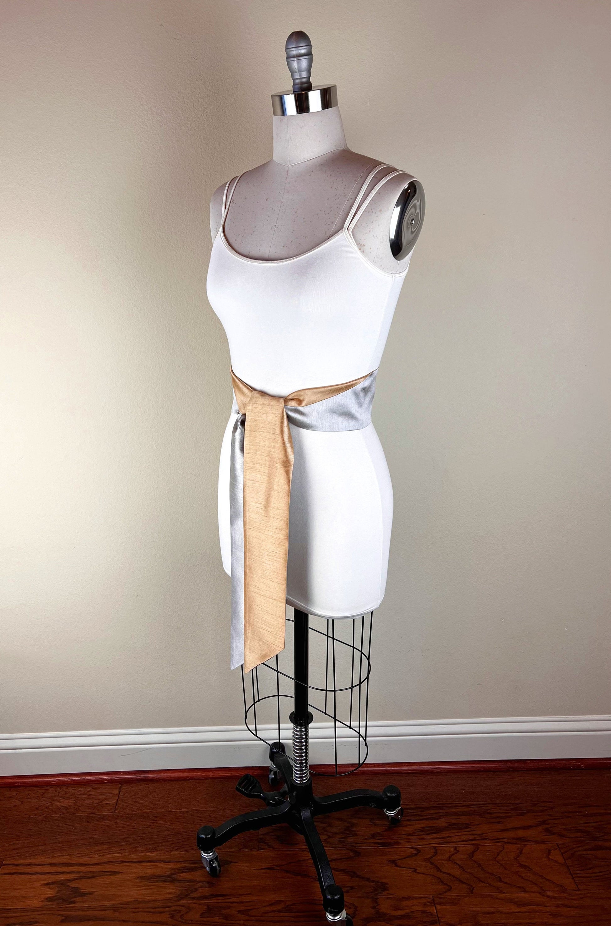 Wide Textured Gold & Silver Sash Belt, Silver and Gold Dupioni Sash, Two-Tone Dress Sash, Fabric Belt, Silver Gold Wedding, Satin Swank