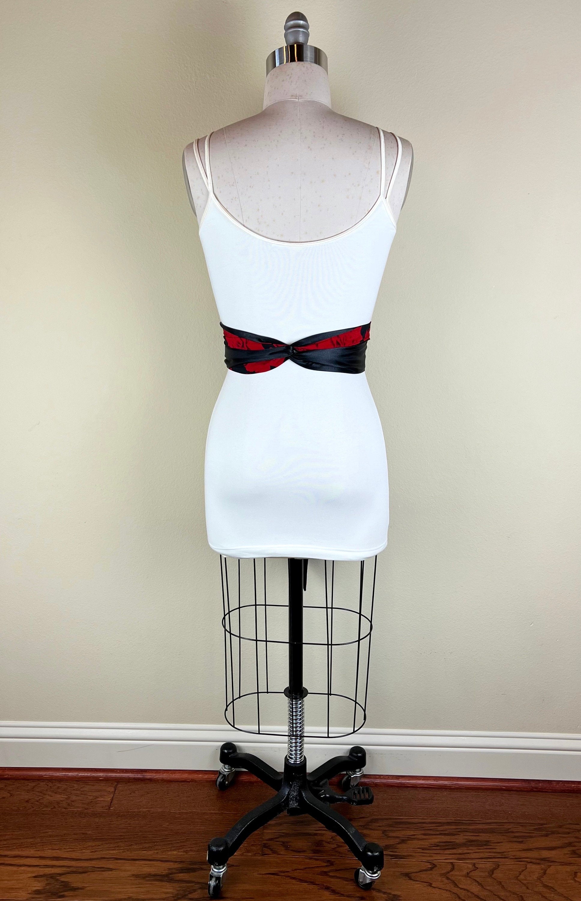 Red Rose Sash, Red & Black Sash Belt, Reverses to Solid Black Sash, Reversible Sash, Black and Red Sash, Red Rose Floral Sash, Satin Swank