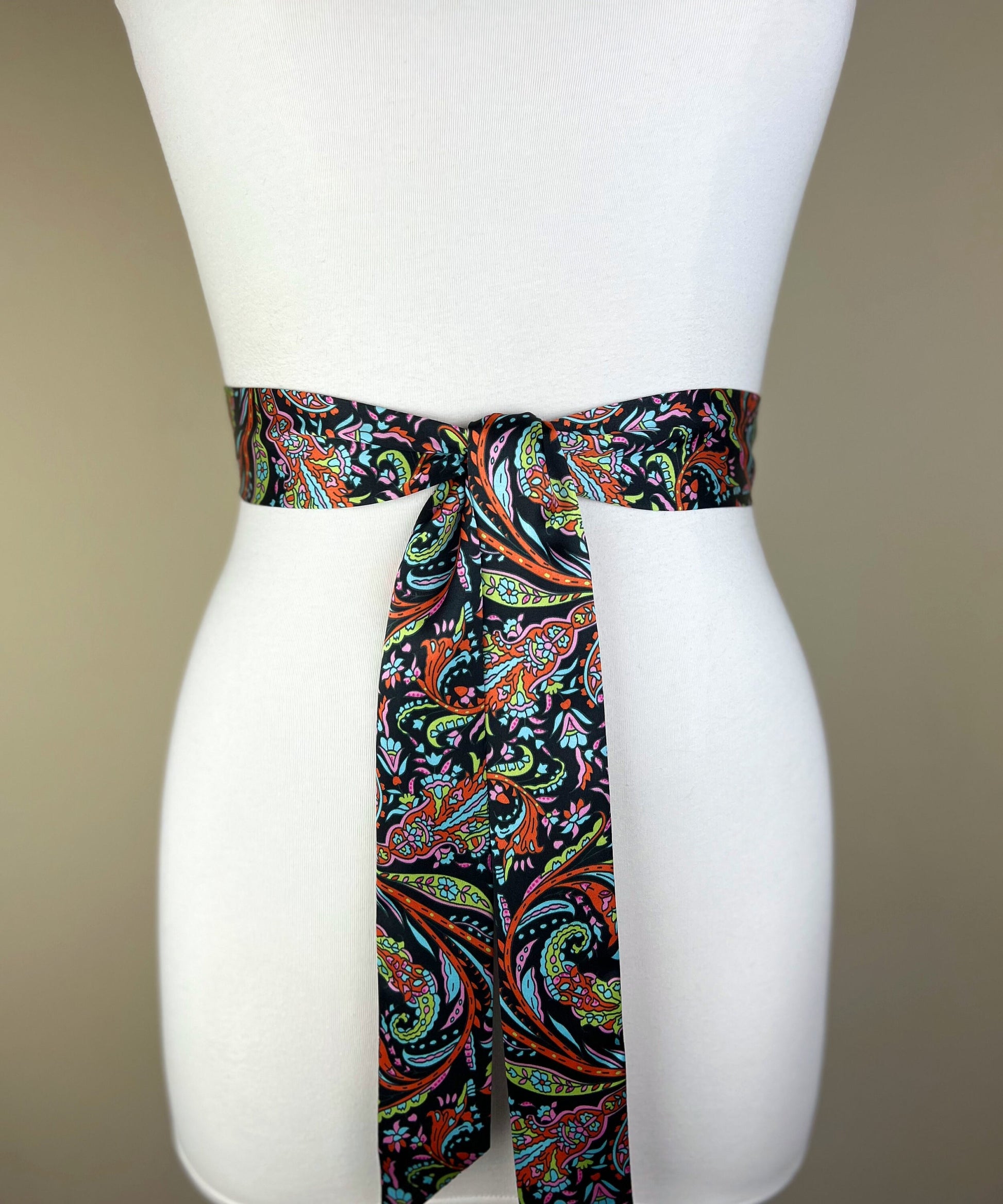 Narrow Black Floral Sash, Black Satin Sash, Flourish Print Sash, Dress Sash, Aqua, Lime & Tangerine Floral Satin Sash Belt, Satin Swank