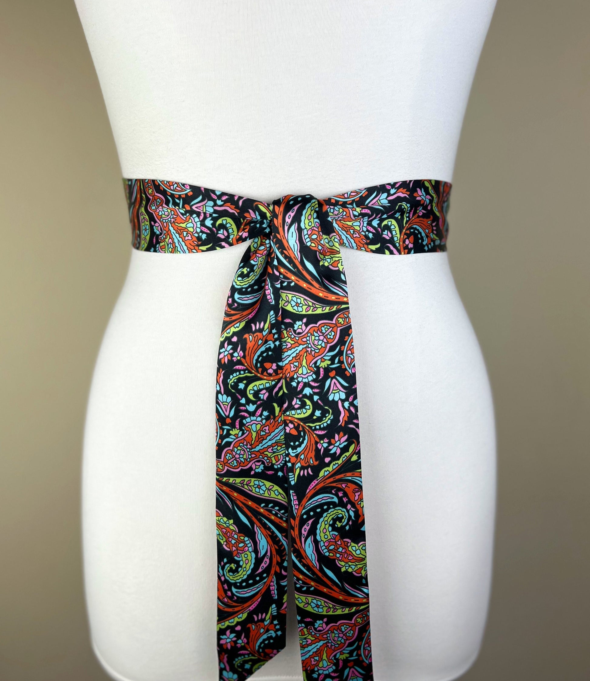 Narrow Black Floral Sash, Black Satin Sash, Flourish Print Sash, Dress Sash, Aqua, Lime & Tangerine Floral Satin Sash Belt, Satin Swank