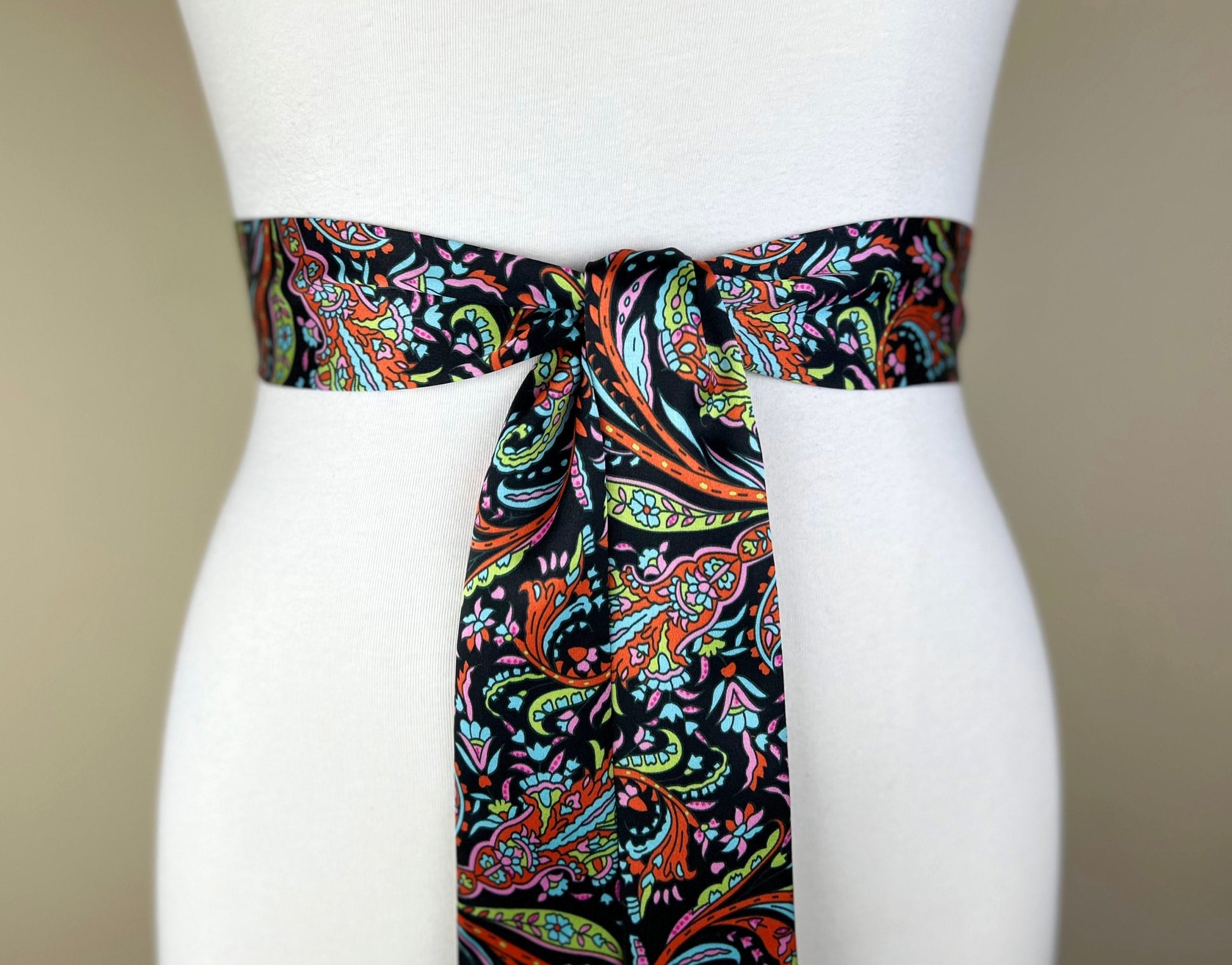 Narrow Black Floral Sash, Black Satin Sash, Flourish Print Sash, Dress Sash, Aqua, Lime & Tangerine Floral Satin Sash Belt, Satin Swank