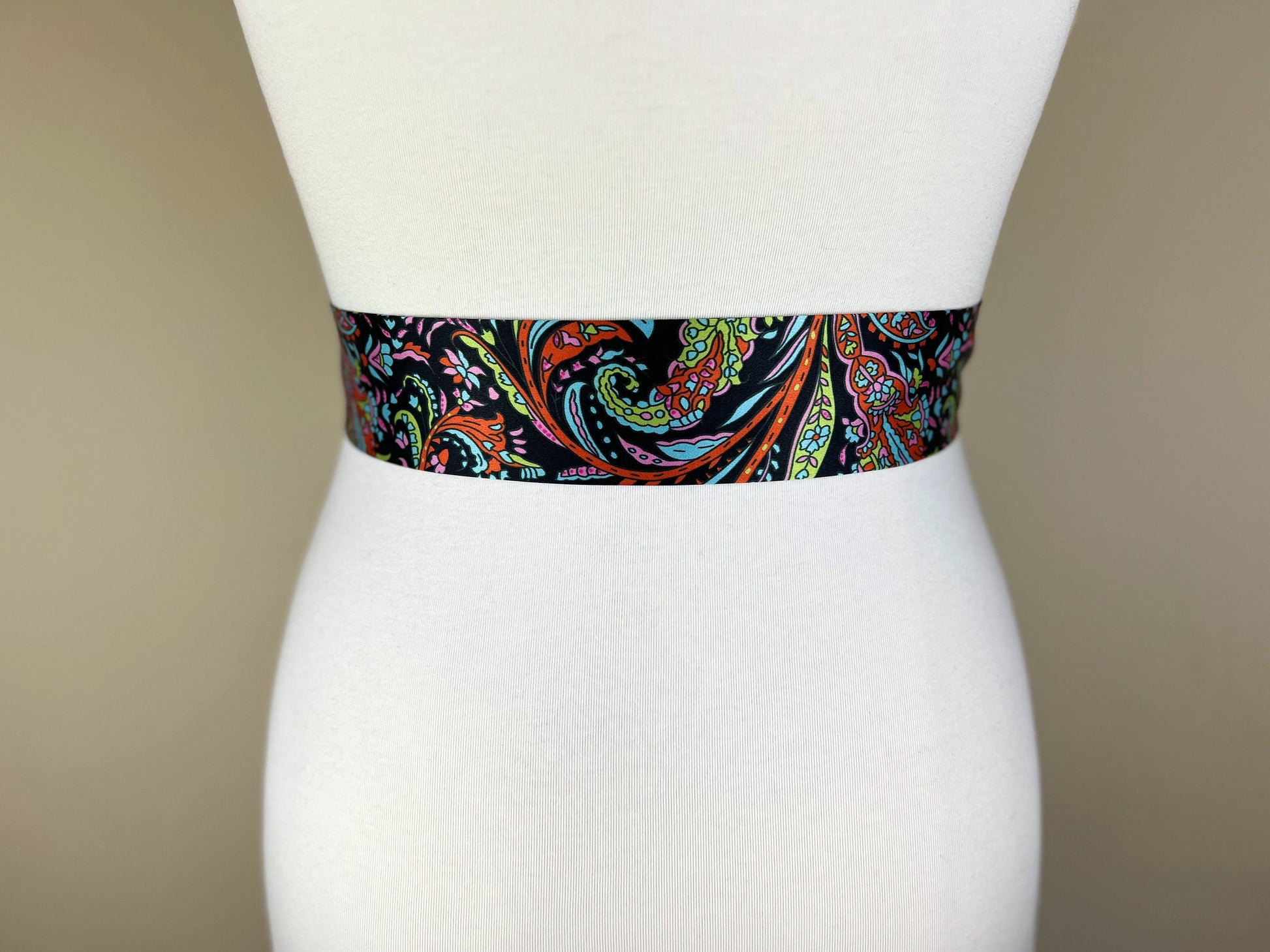 Narrow Black Floral Sash, Black Satin Sash, Flourish Print Sash, Dress Sash, Aqua, Lime & Tangerine Floral Satin Sash Belt, Satin Swank