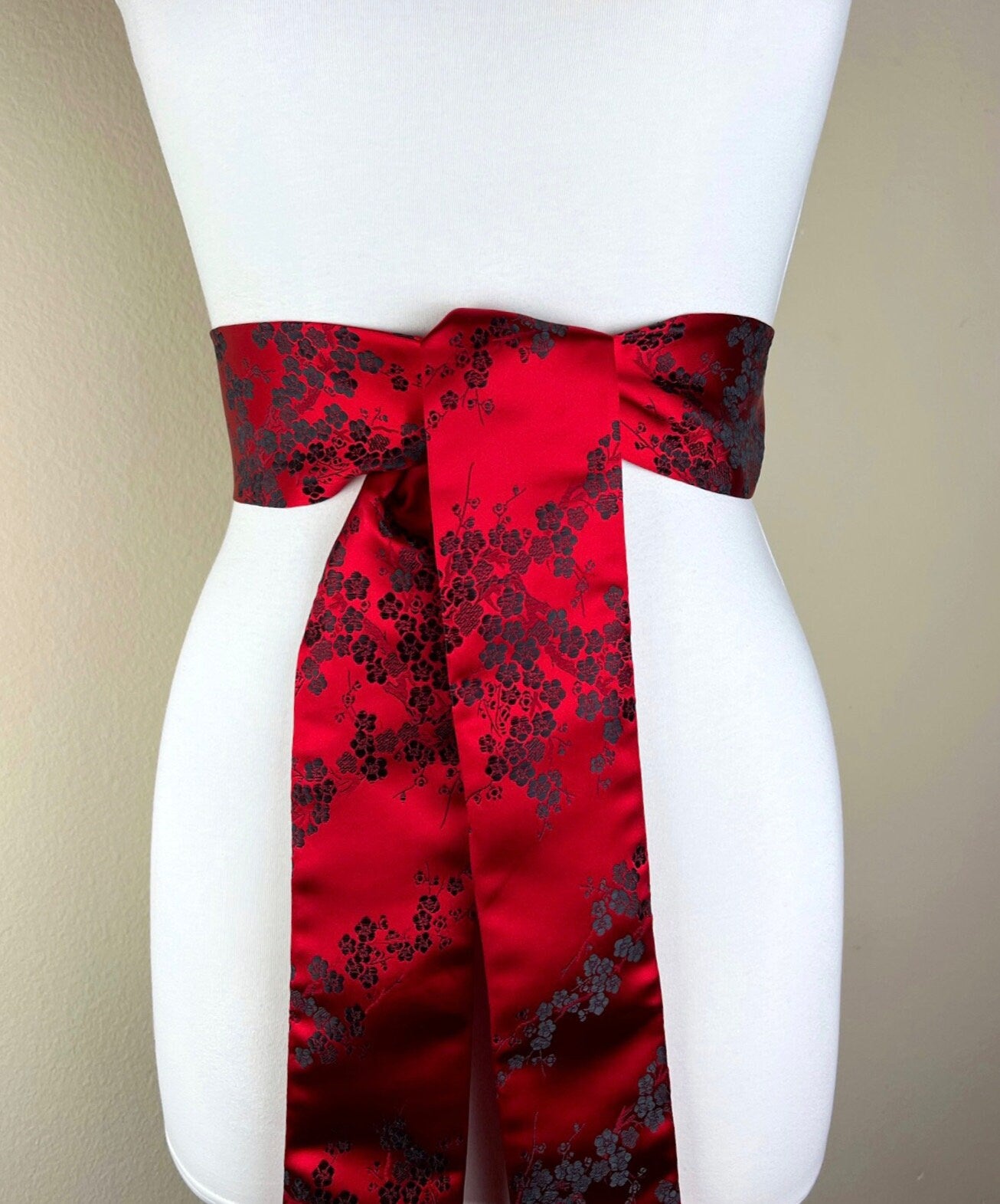 Japanese Cherry Blossom Brocade Sash, Red Cherry Blossom Sash Belt, Red Asian Brocade Belt, Red & Black Chinese Brocade Sash, Satin Swank