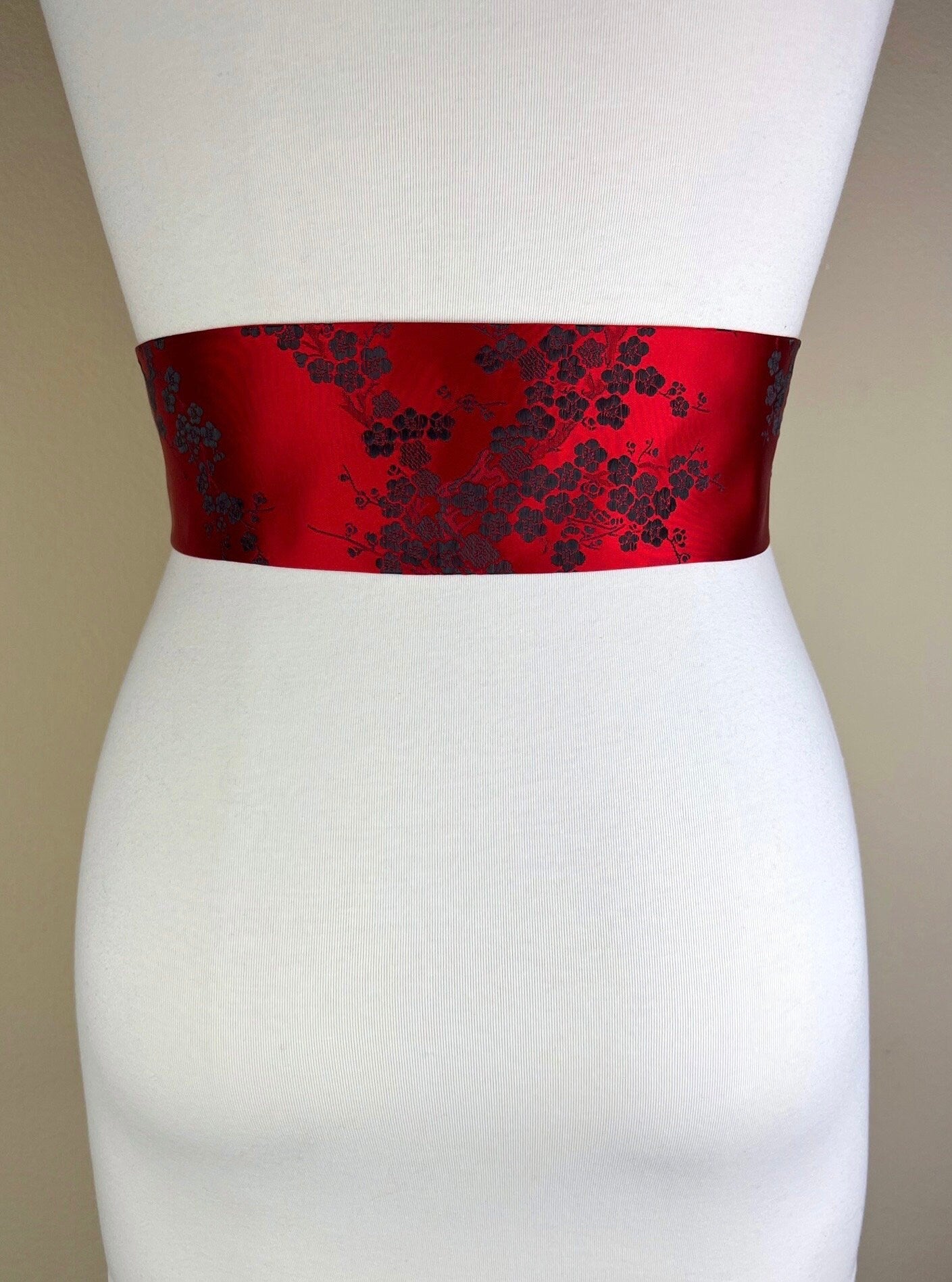 Japanese Cherry Blossom Brocade Sash, Red Cherry Blossom Sash Belt, Red Asian Brocade Belt, Red & Black Chinese Brocade Sash, Satin Swank