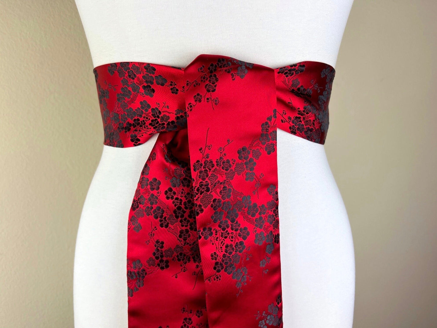 Japanese Cherry Blossom Brocade Sash, Red Cherry Blossom Sash Belt, Red Asian Brocade Belt, Red & Black Chinese Brocade Sash, Satin Swank