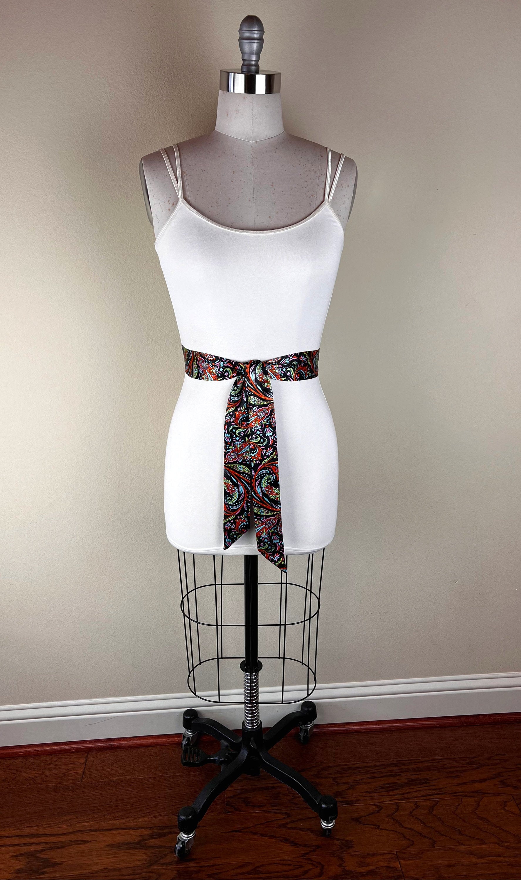 Narrow Black Floral Sash, Black Satin Sash, Flourish Print Sash, Dress Sash, Aqua, Lime & Tangerine Floral Satin Sash Belt, Satin Swank