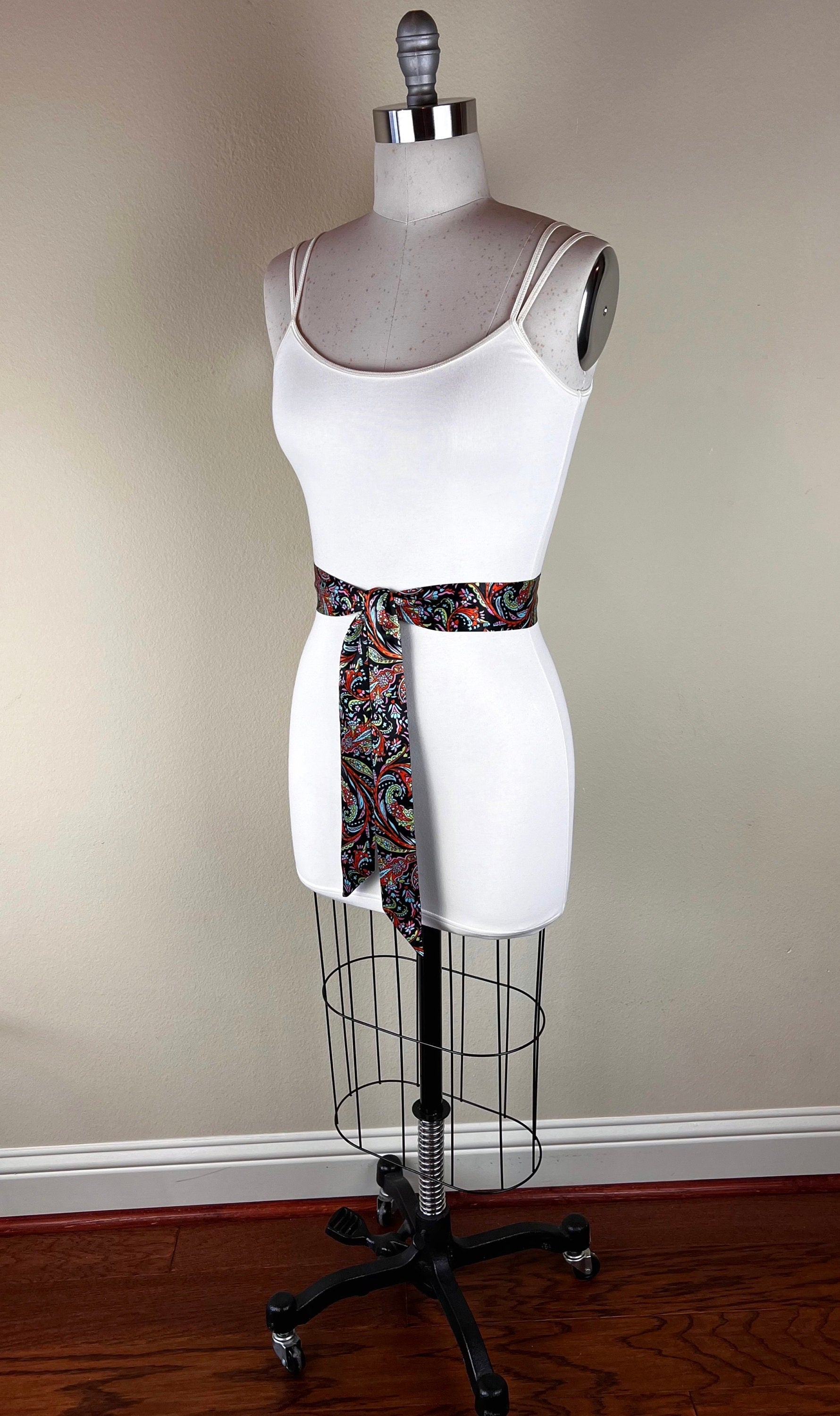 Narrow Black Floral Sash, Black Satin Sash, Flourish Print Sash, Dress Sash, Aqua, Lime & Tangerine Floral Satin Sash Belt, Satin Swank