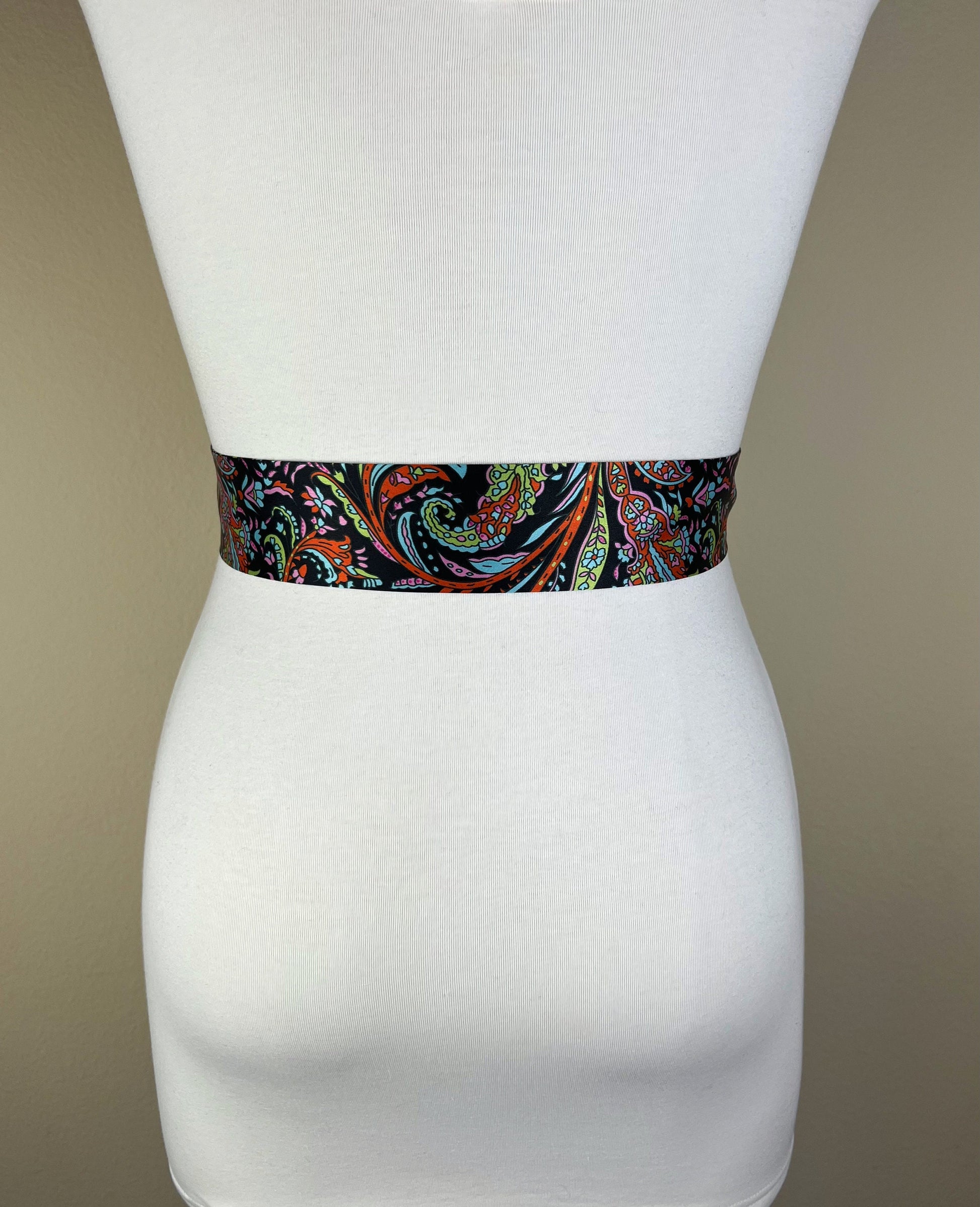 Narrow Black Floral Sash, Black Satin Sash, Flourish Print Sash, Dress Sash, Aqua, Lime & Tangerine Floral Satin Sash Belt, Satin Swank