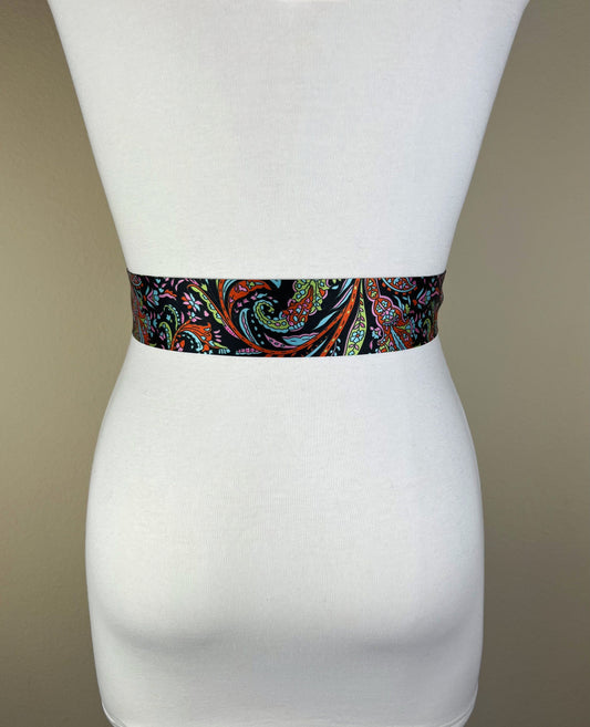 Narrow Black Floral Sash, Black Satin Sash, Flourish Print Sash, Dress Sash, Aqua, Lime & Tangerine Floral Satin Sash Belt, Satin Swank