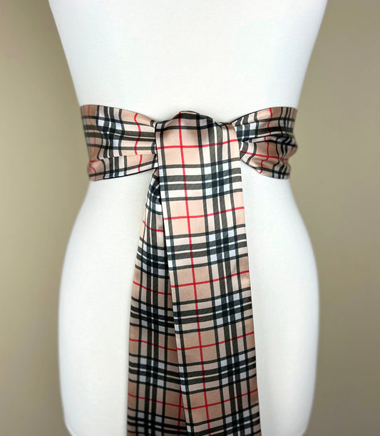 Thomson Camel Tartan Sash, Scottish Tartan Belt, Beige & Black Plaid Sash Belt, Thomson Tartan Accessories, Beige Satin Sash, Satin Swank