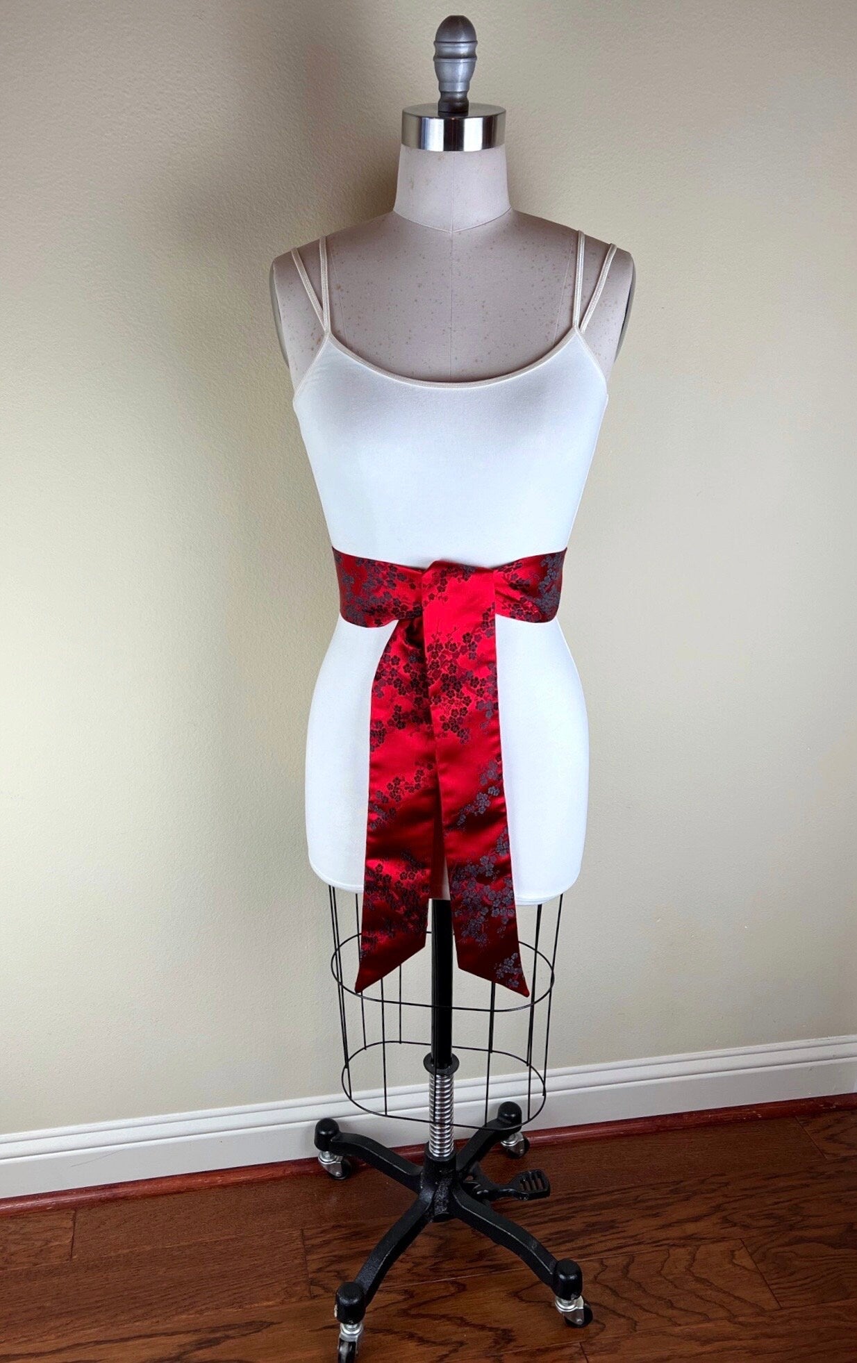 Japanese Cherry Blossom Brocade Sash, Red Cherry Blossom Sash Belt, Red Asian Brocade Belt, Red & Black Chinese Brocade Sash, Satin Swank