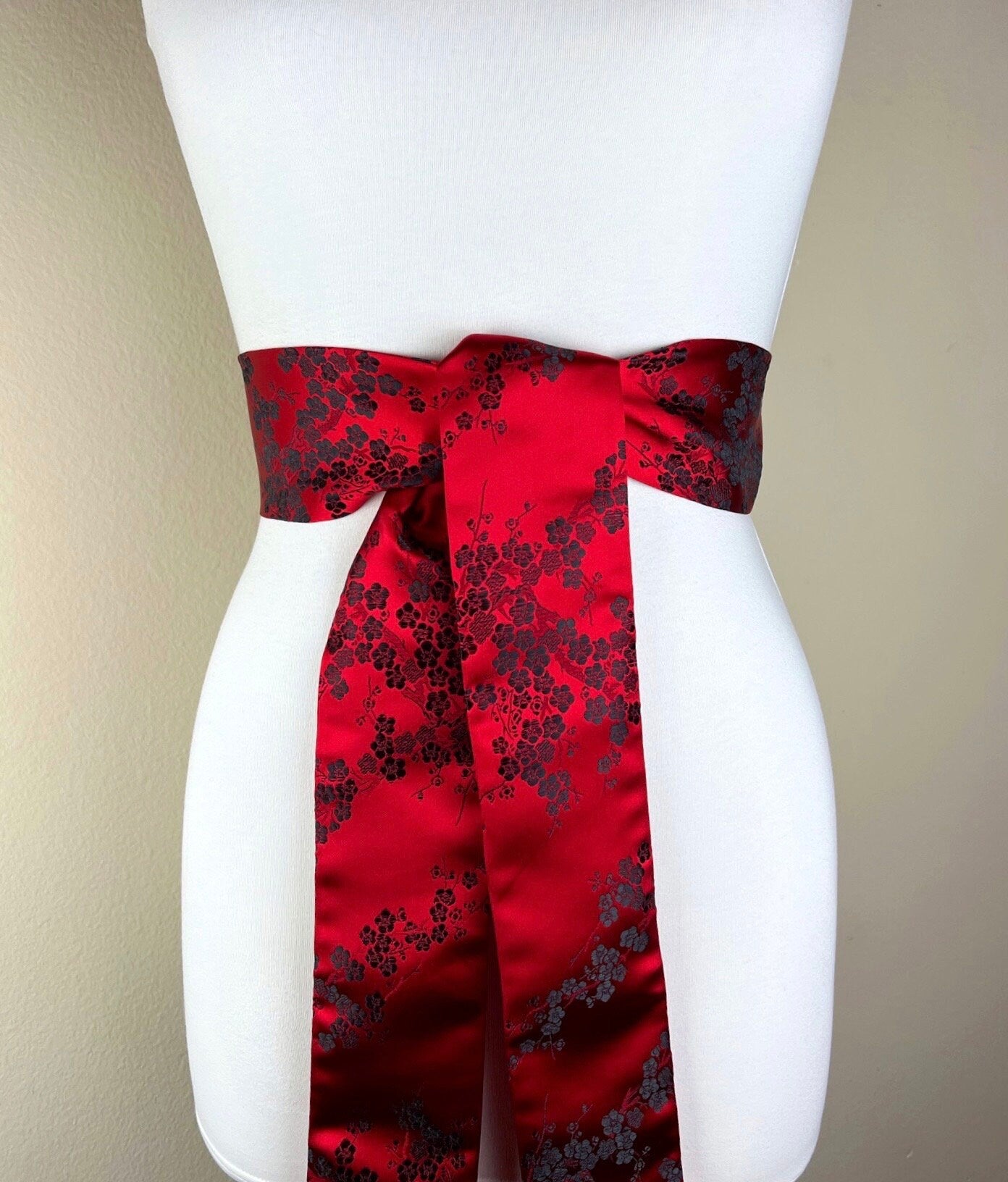 Japanese Cherry Blossom Brocade Sash, Red Cherry Blossom Sash Belt, Red Asian Brocade Belt, Red & Black Chinese Brocade Sash, Satin Swank