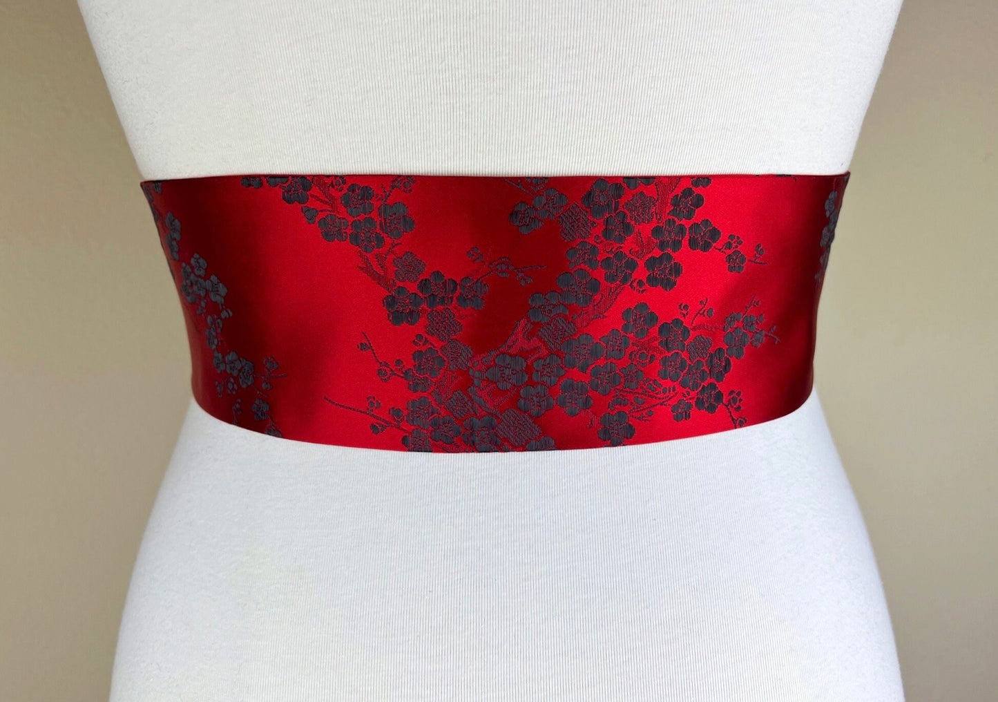 Japanese Cherry Blossom Brocade Sash, Red Cherry Blossom Sash Belt, Red Asian Brocade Belt, Red & Black Chinese Brocade Sash, Satin Swank