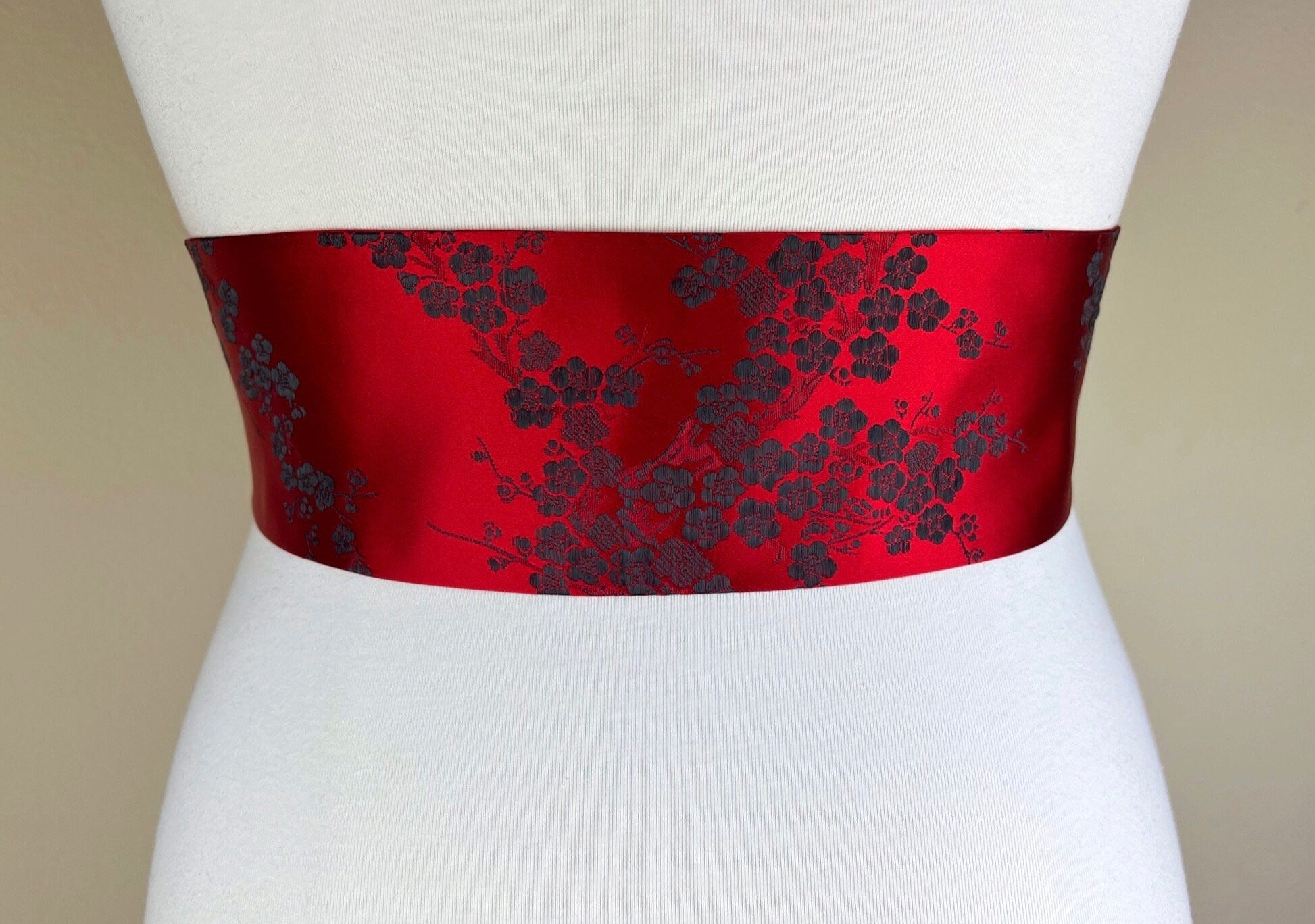 Japanese Cherry Blossom Brocade Sash, Red Cherry Blossom Sash Belt, Red Asian Brocade Belt, Red & Black Chinese Brocade Sash, Satin Swank