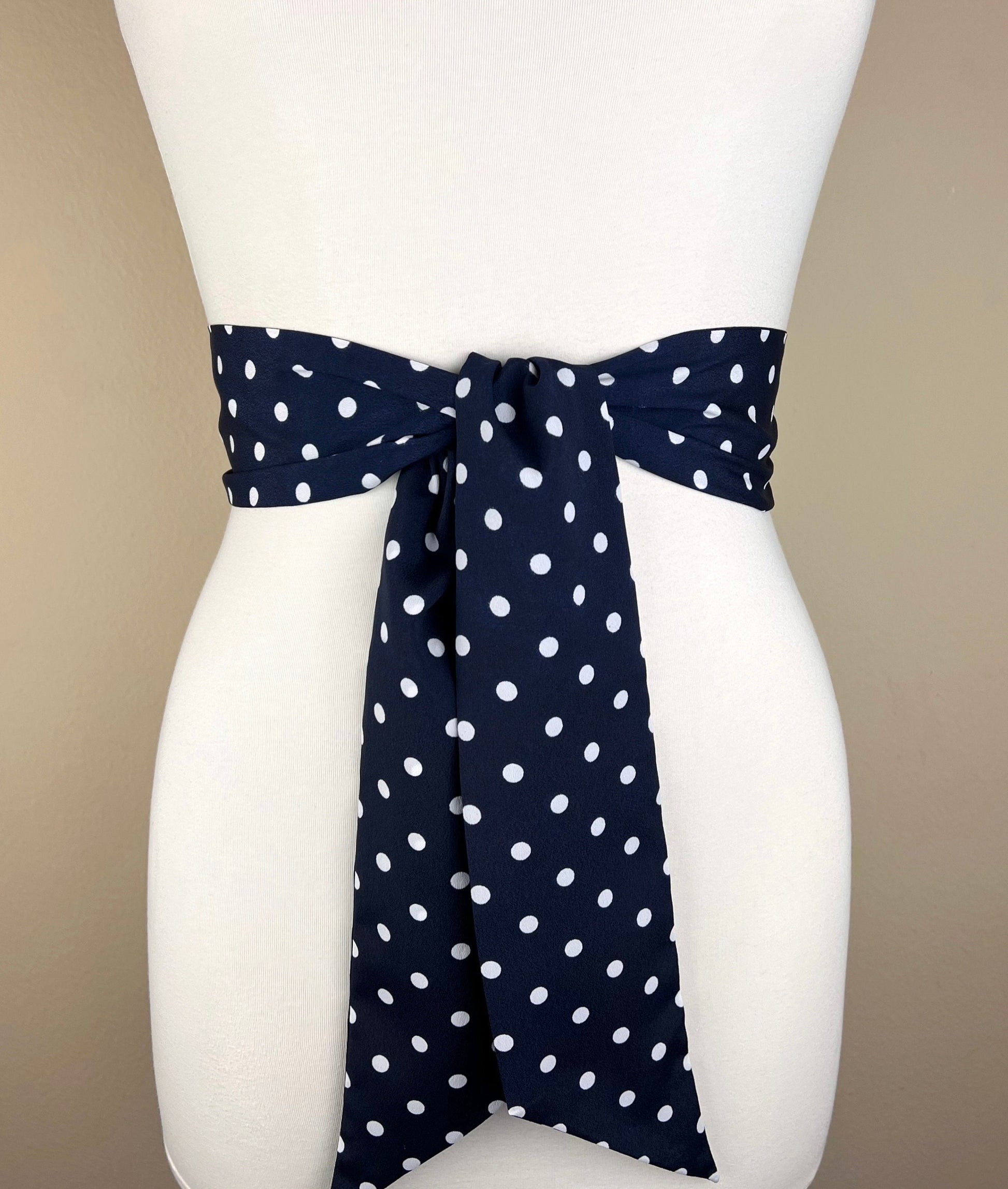 Dark Navy Polka Dot Sash, Wide Navy & White Sash Belt, Navy Dot Sash, White Dot on Navy Sash, Navy Dress Sash, Polka Dot Belt, Satin Swank